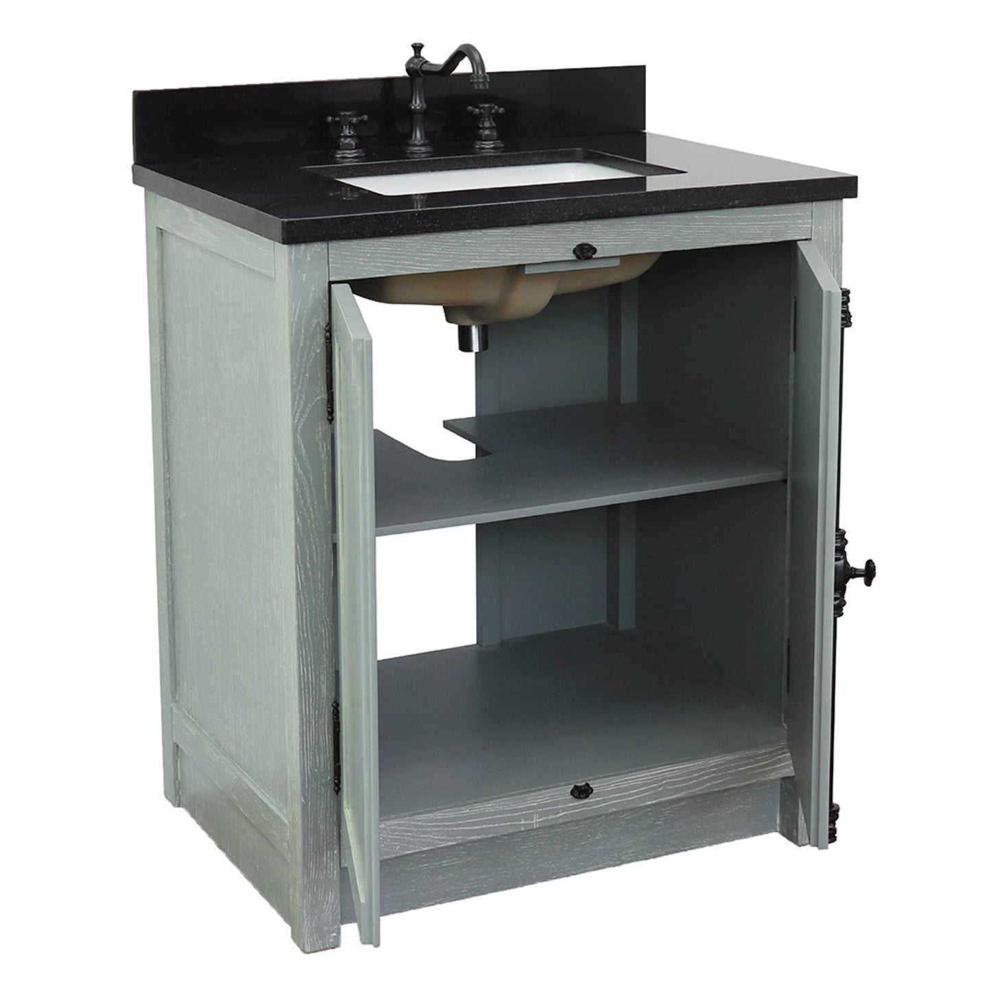 31" Single vanity in Gray Ash finish with Black Galaxy top and rectangle sink