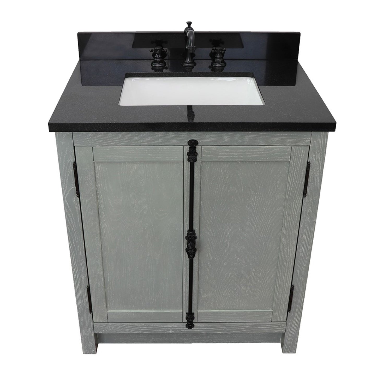 31" Single vanity in Gray Ash finish with Black Galaxy top and rectangle sink