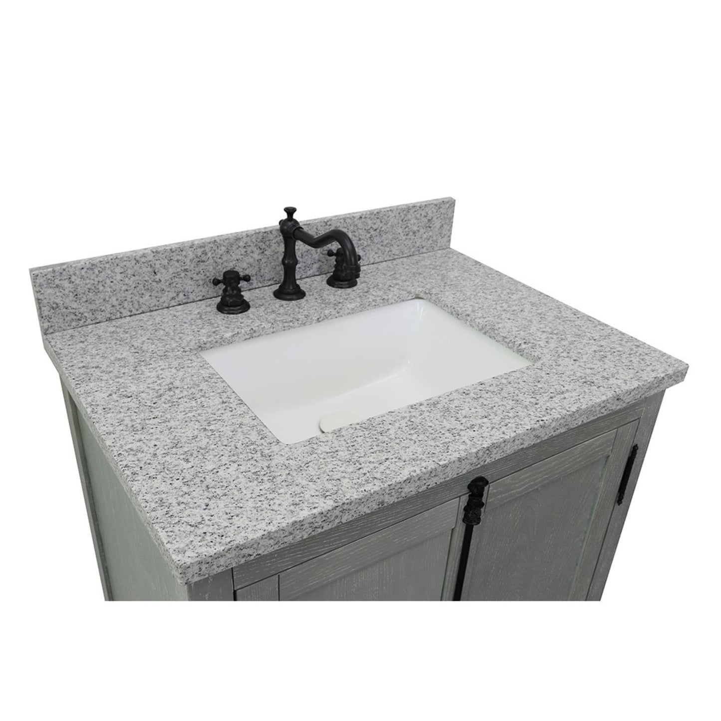 31" Single vanity in Gray Ash finish with Gray granite top and rectangle sink