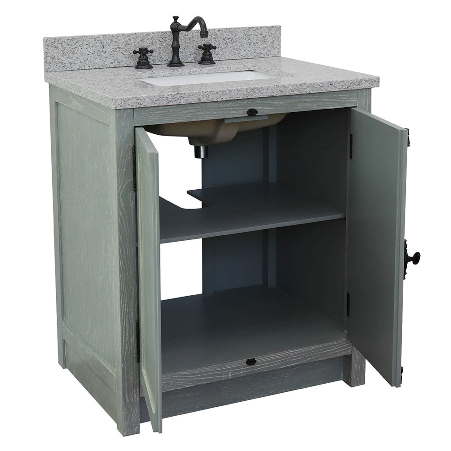 31" Single vanity in Gray Ash finish with Gray granite top and rectangle sink