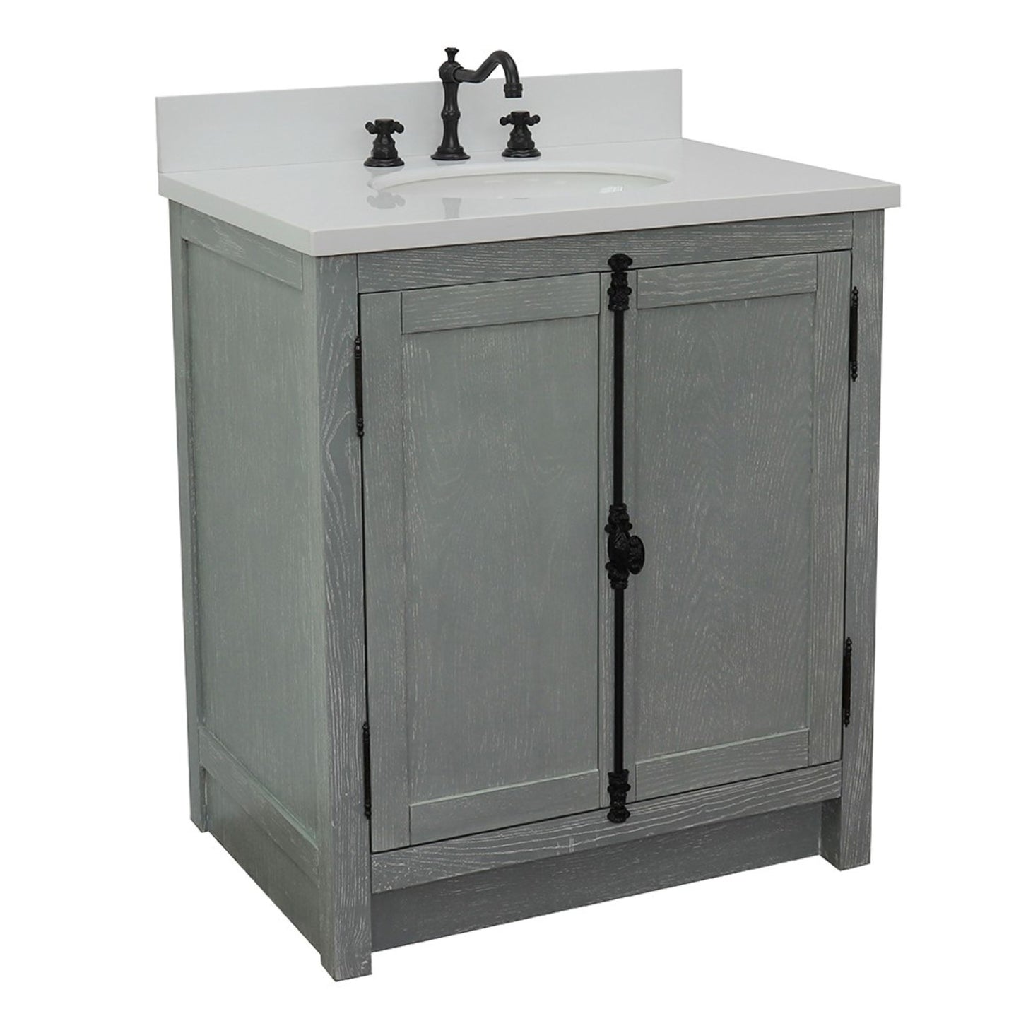 31" Single vanity in Gray Ash finish with White engineered stone top and oval sink