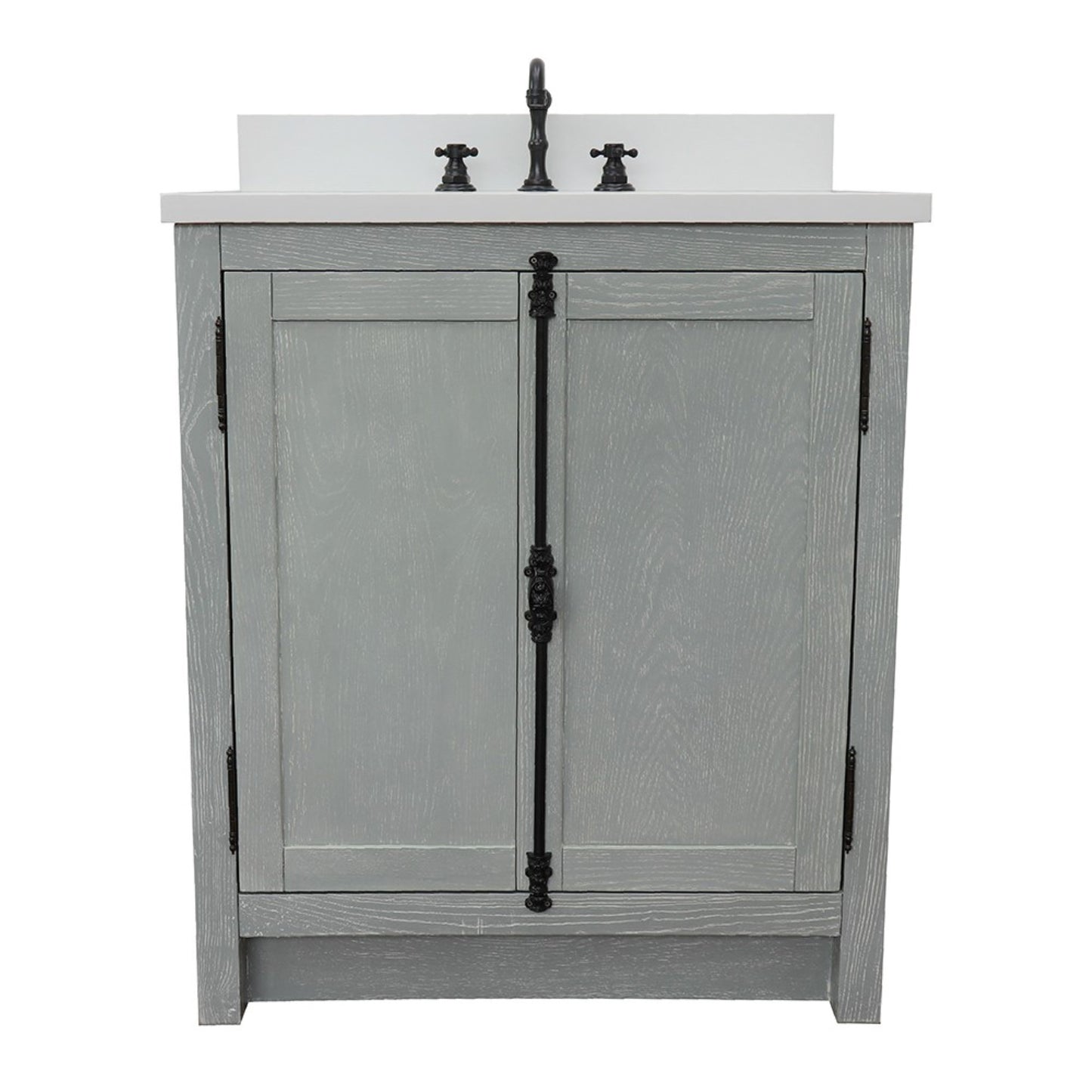 31" Single vanity in Gray Ash finish with White engineered stone top and oval sink