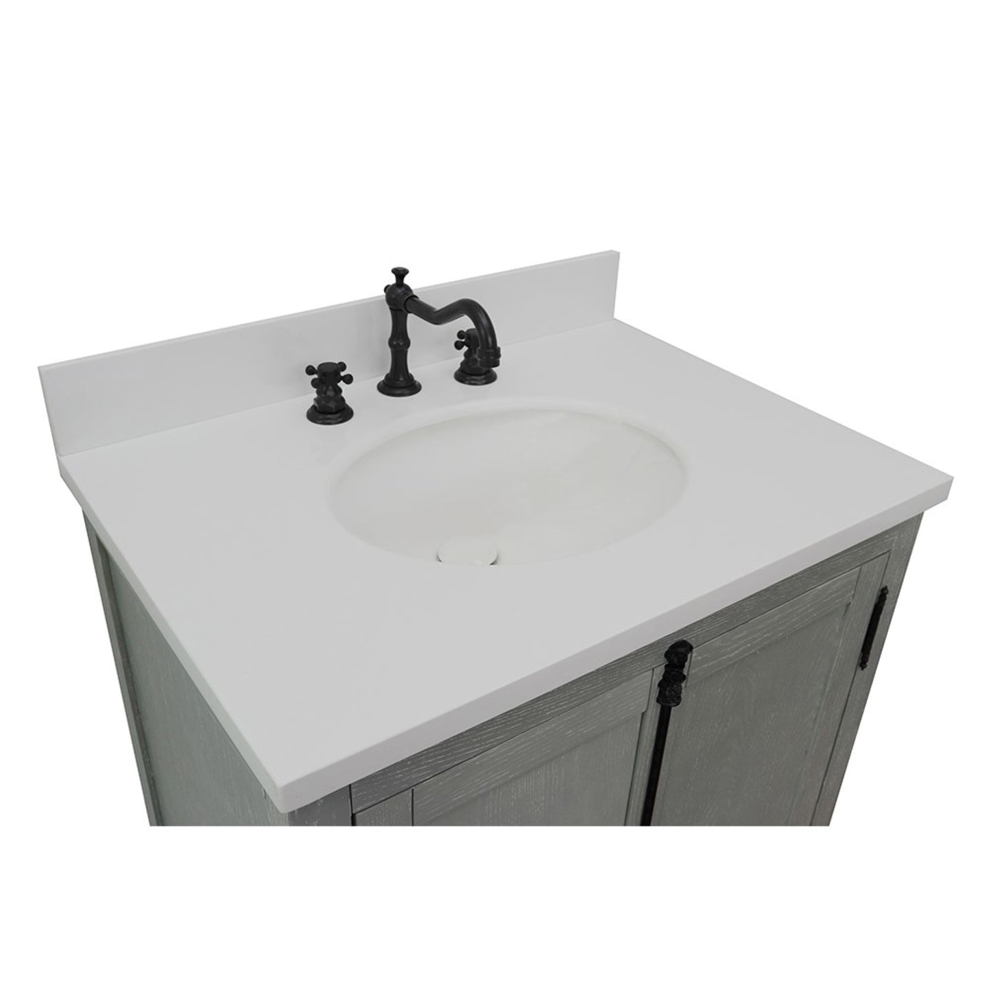 31" Single vanity in Gray Ash finish with White engineered stone top and oval sink