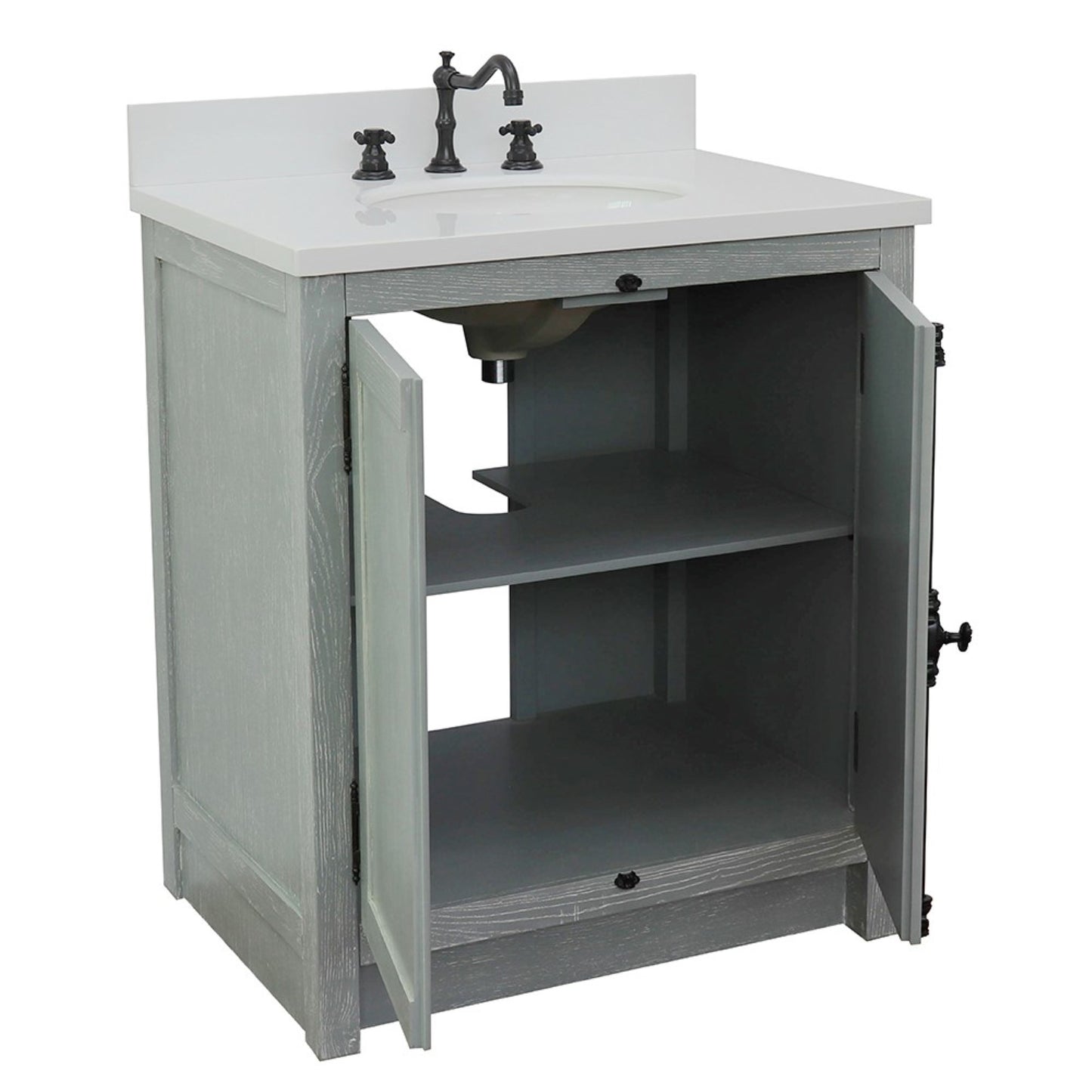 31" Single vanity in Gray Ash finish with White engineered stone top and oval sink