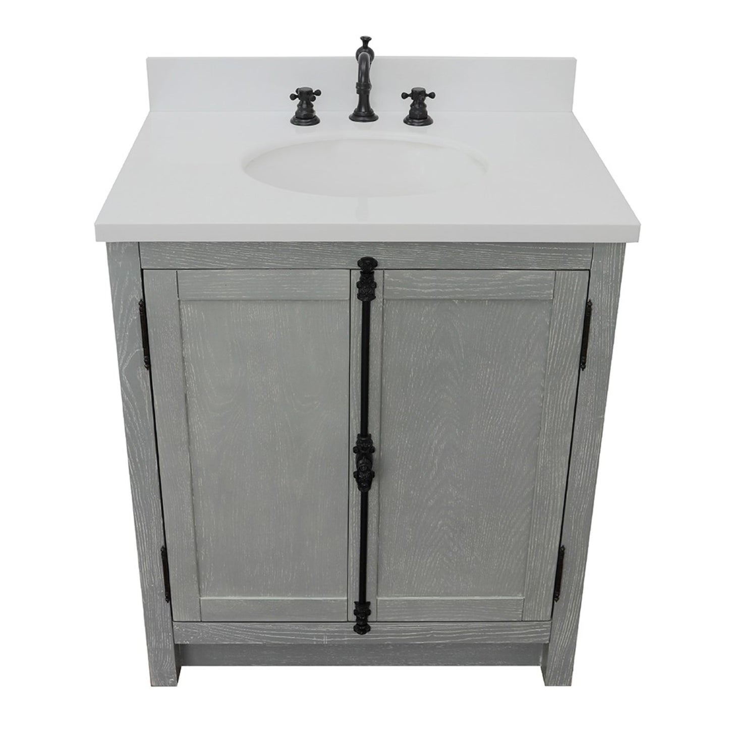 31" Single vanity in Gray Ash finish with White engineered stone top and oval sink