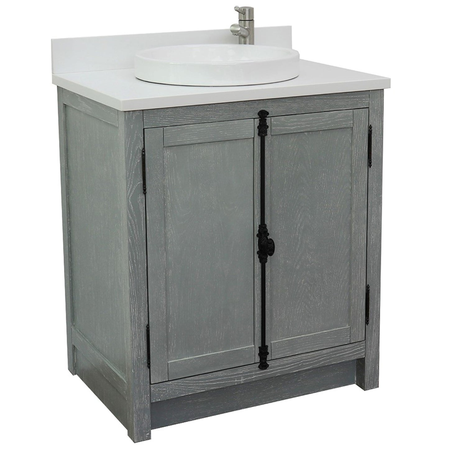 31" Single vanity in Gray Ash finish with White engineered stone top and round sink