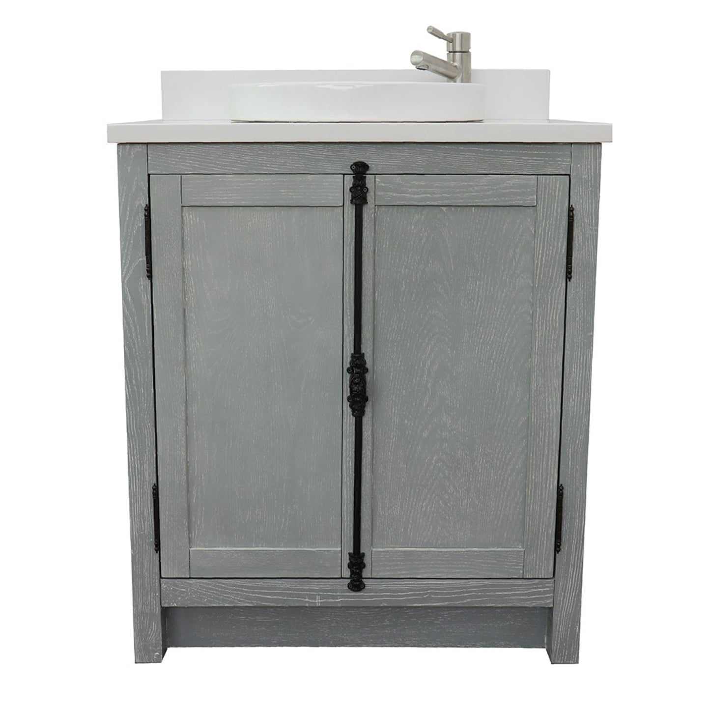 31" Single vanity in Gray Ash finish with White engineered stone top and round sink