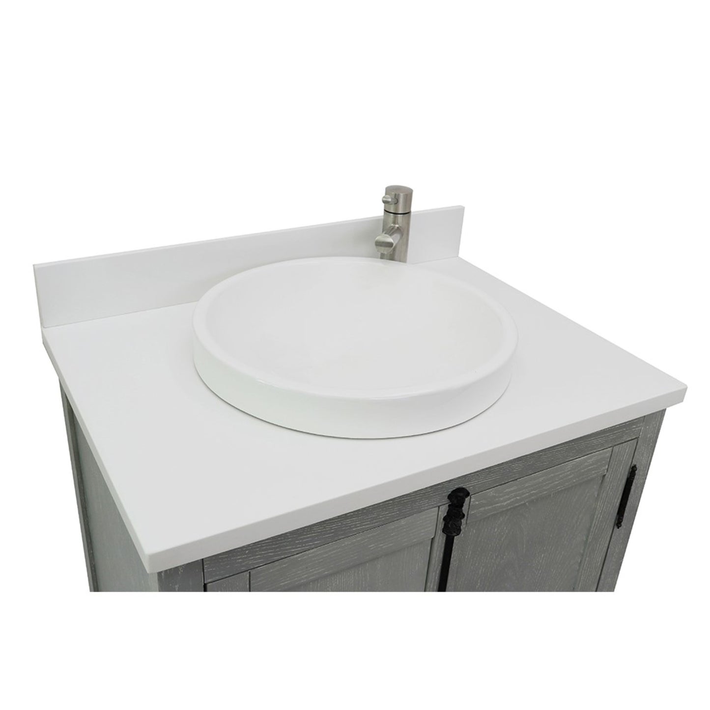 31" Single vanity in Gray Ash finish with White engineered stone top and round sink