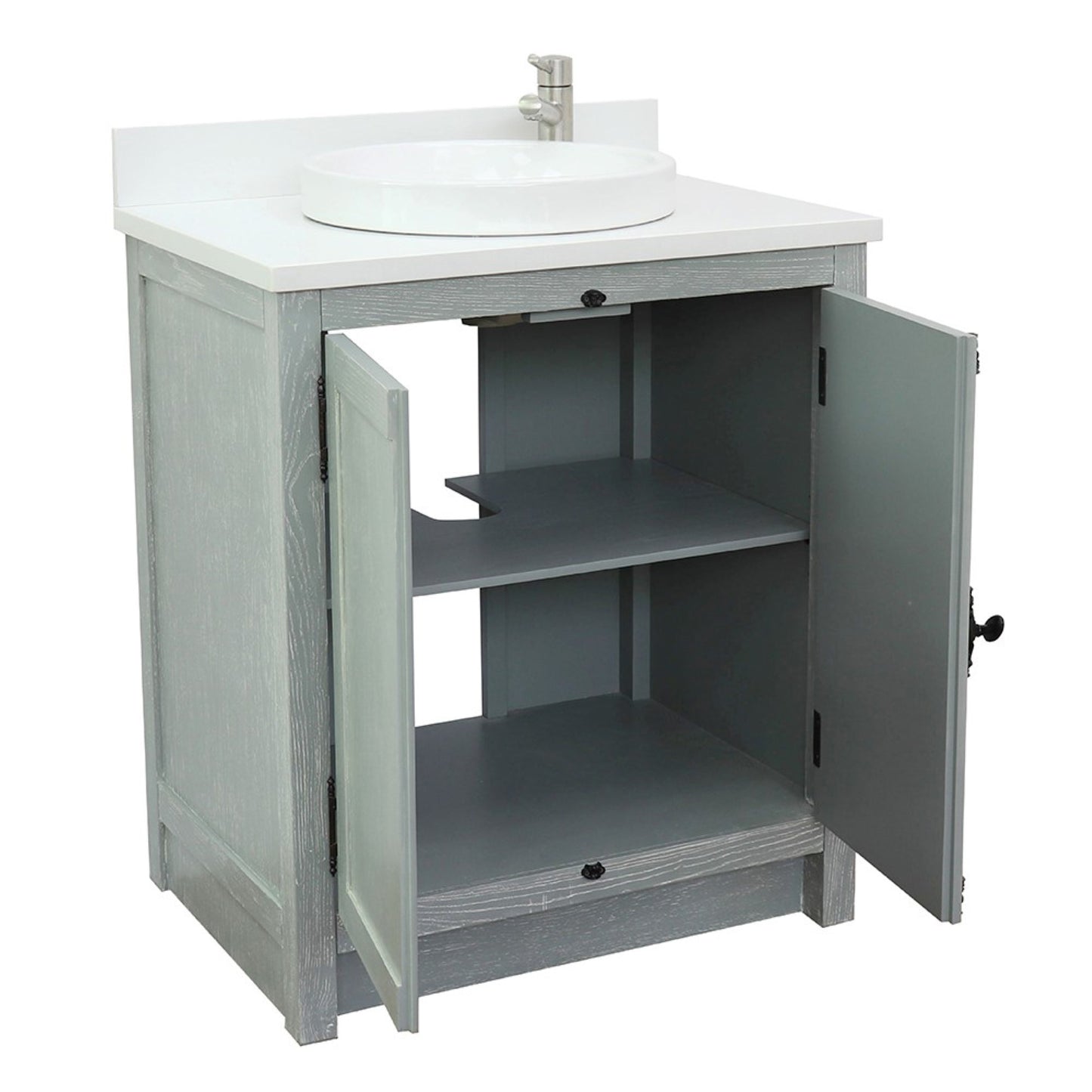 31" Single vanity in Gray Ash finish with White engineered stone top and round sink