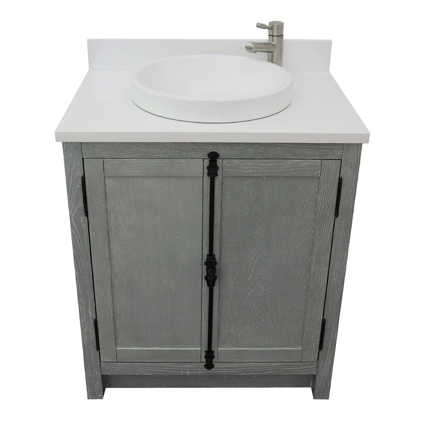 31" Single vanity in Gray Ash finish with White engineered stone top and round sink