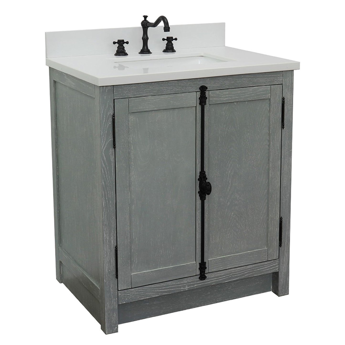 31" Single vanity in Gray Ash finish with White engineered stone top and rectangle sink