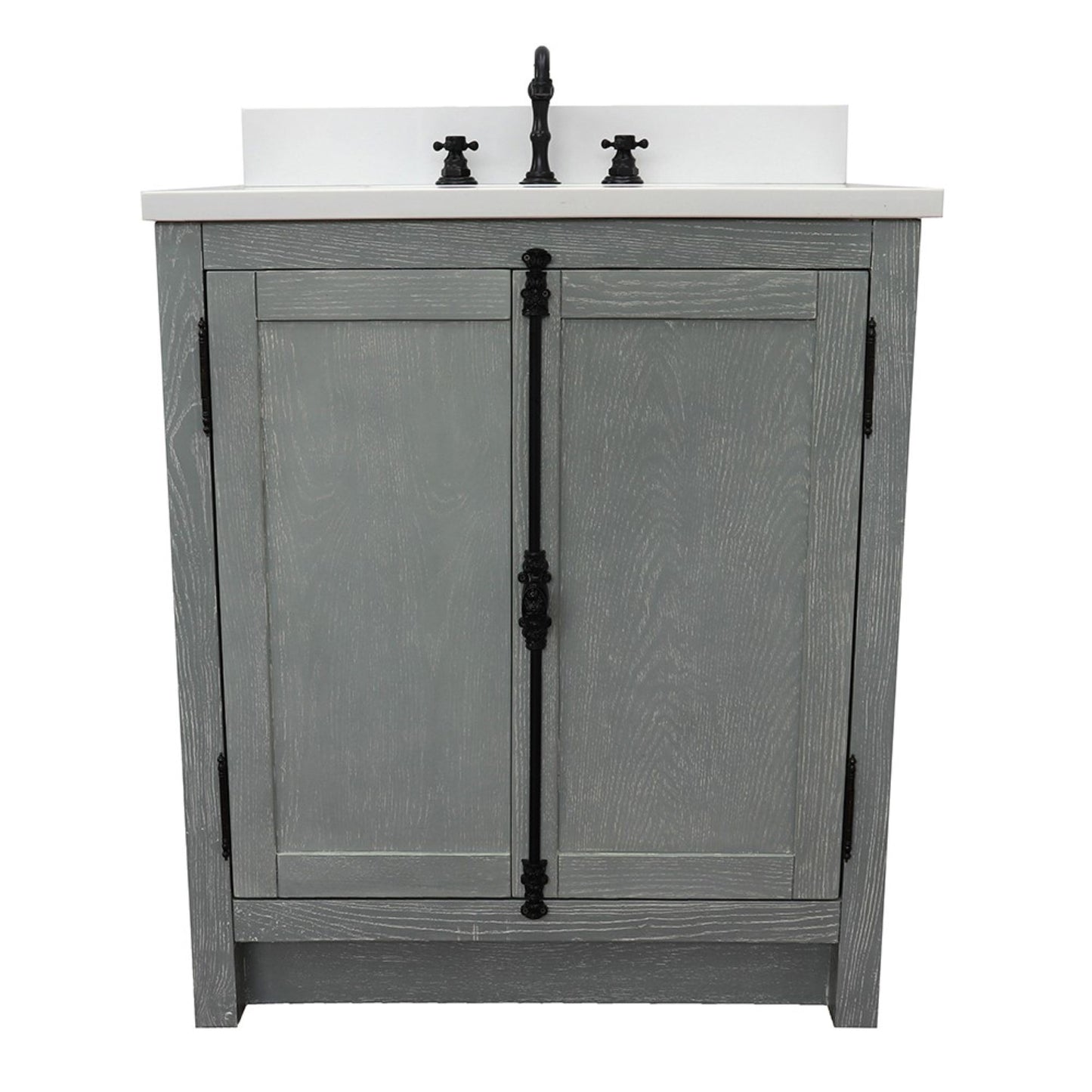 31" Single vanity in Gray Ash finish with White engineered stone top and rectangle sink