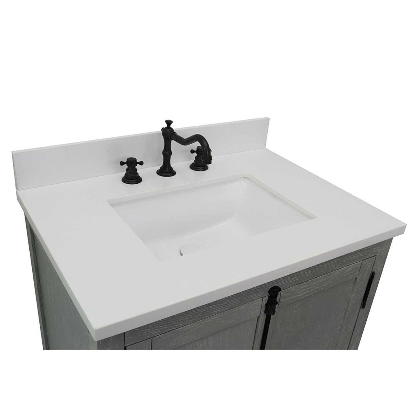 31" Single vanity in Gray Ash finish with White engineered stone top and rectangle sink
