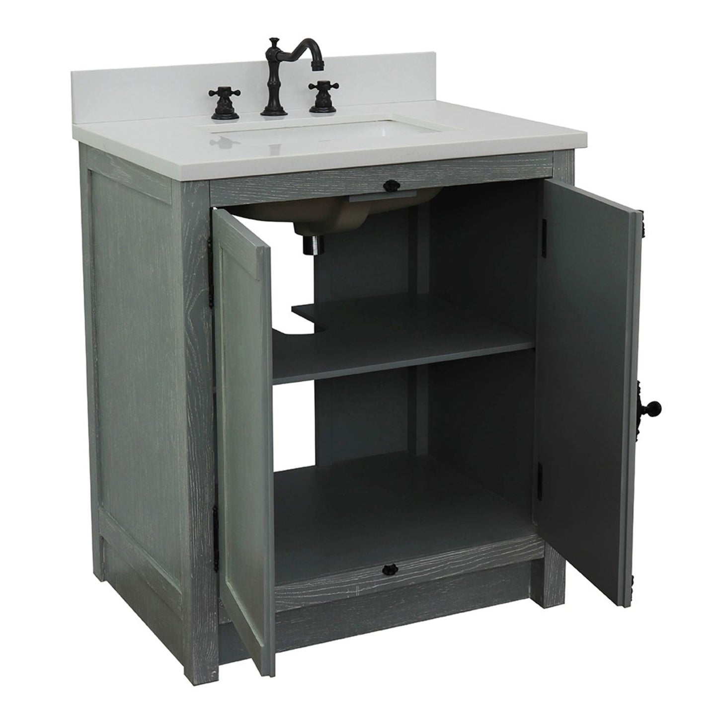 31" Single vanity in Gray Ash finish with White engineered stone top and rectangle sink