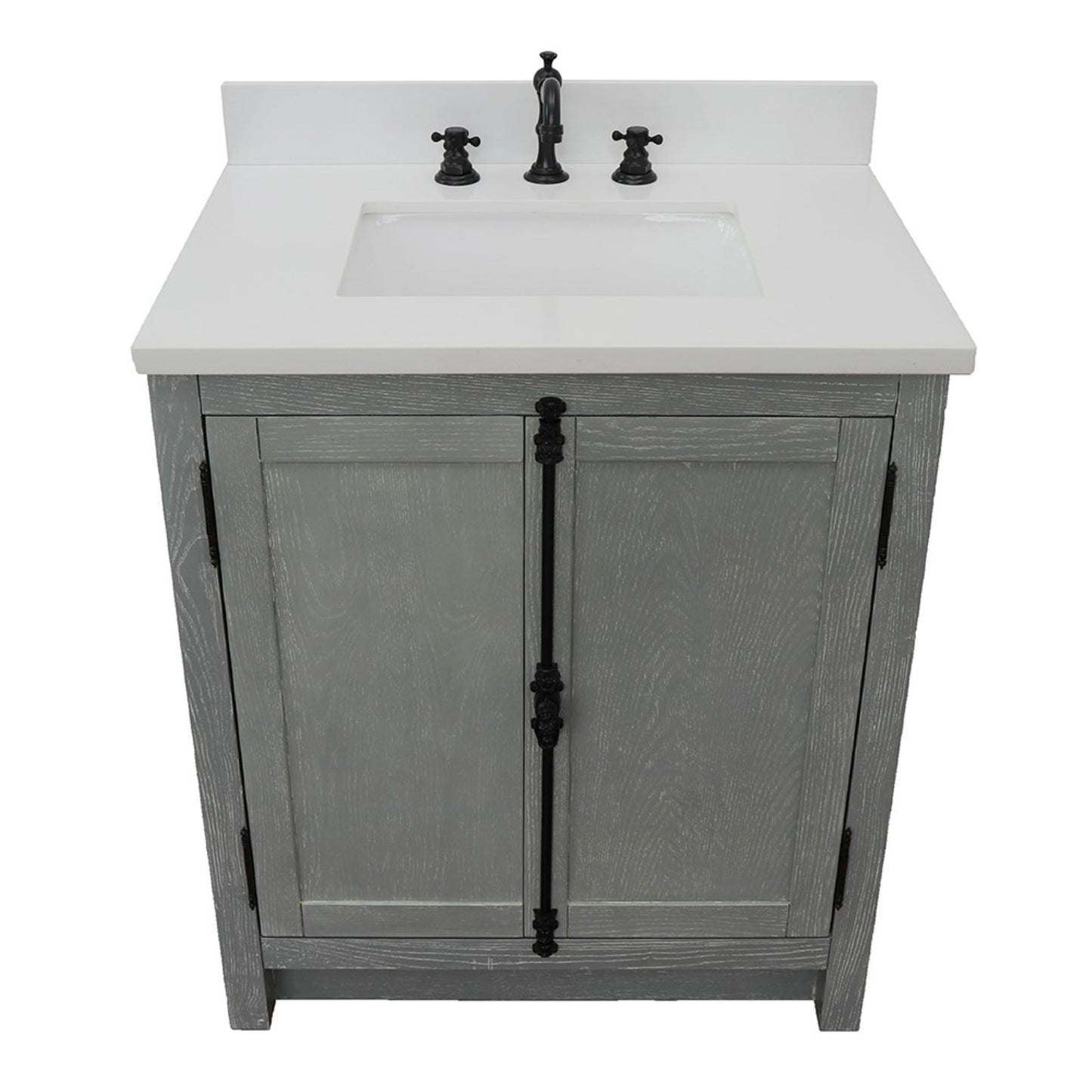 31" Single vanity in Gray Ash finish with White engineered stone top and rectangle sink