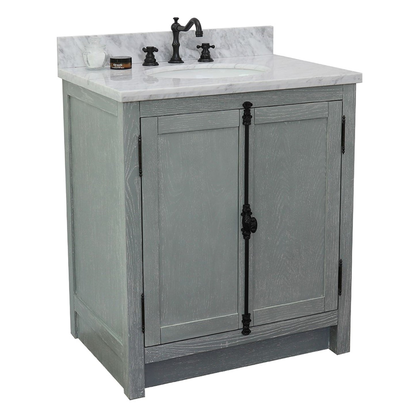 31" Single vanity in Gray Ash finish with White Carrara top and oval sink