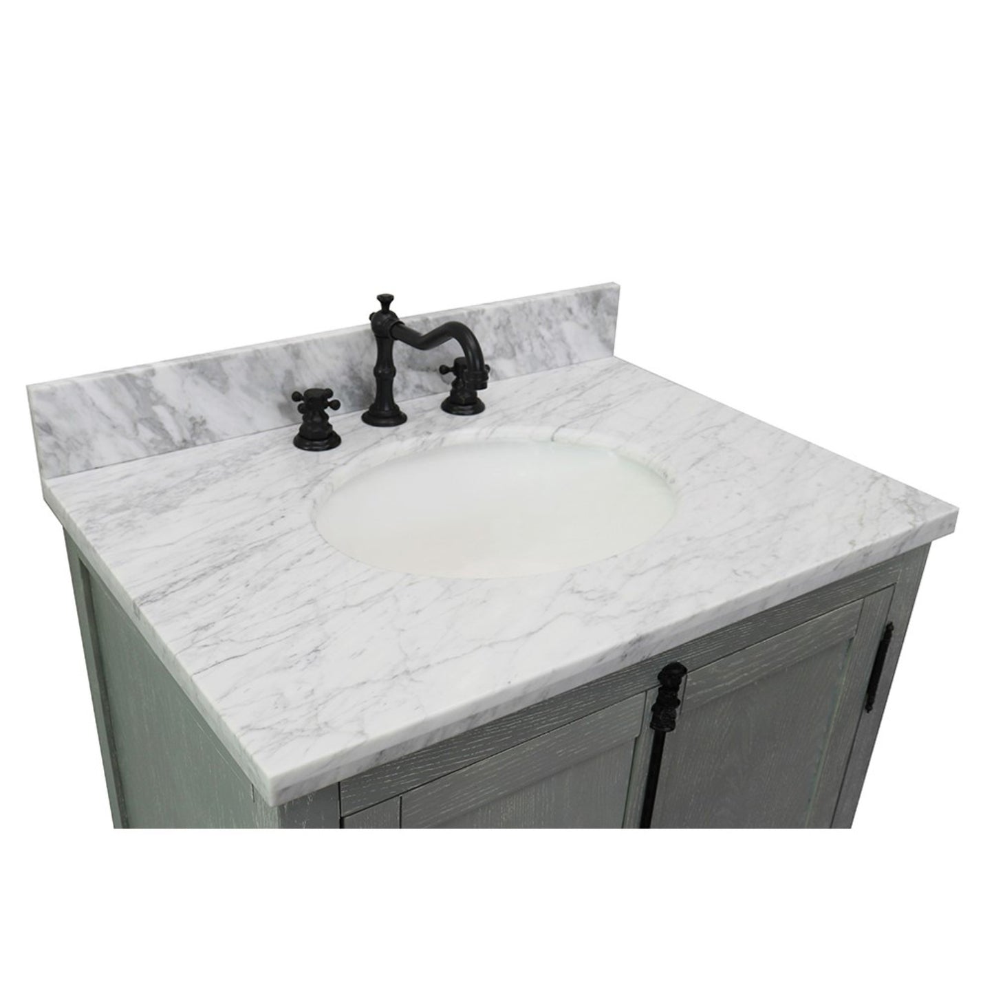31" Single vanity in Gray Ash finish with White Carrara top and oval sink