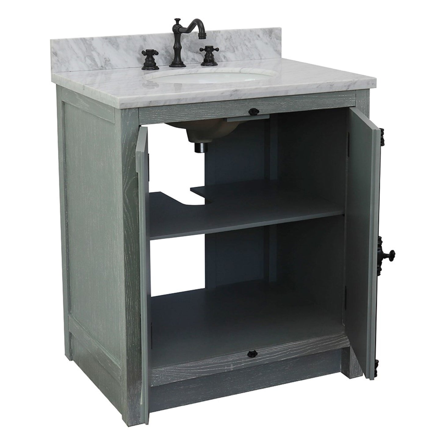 31" Single vanity in Gray Ash finish with White Carrara top and oval sink