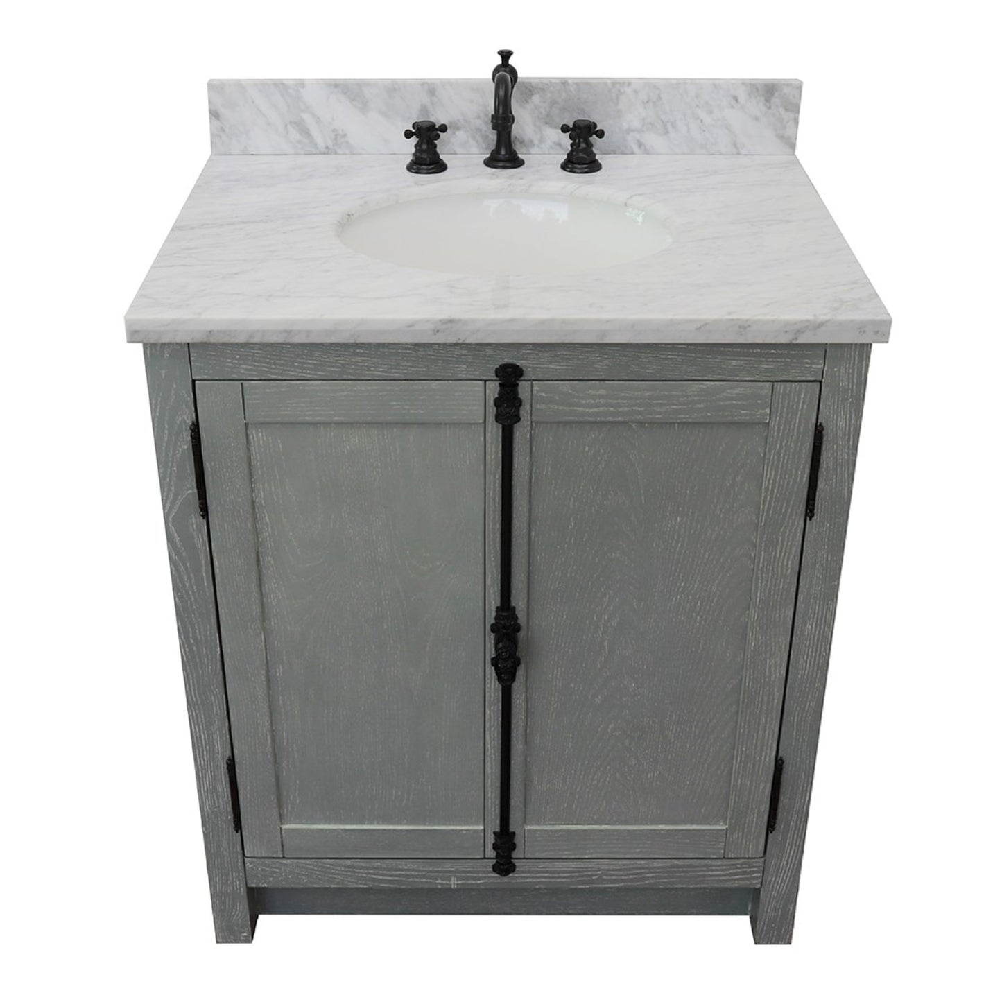 31" Single vanity in Gray Ash finish with White Carrara top and oval sink