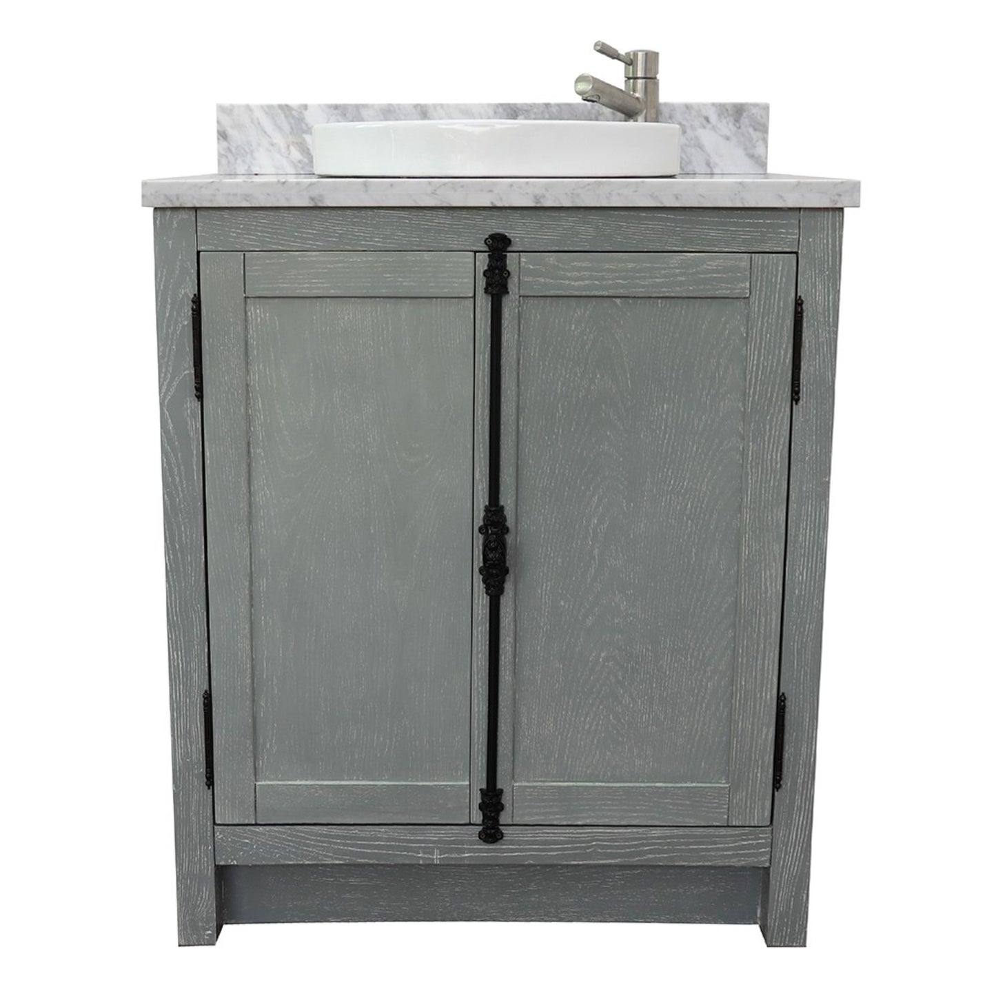 31" Single vanity in Gray Ash finish with White Carrara top and round sink