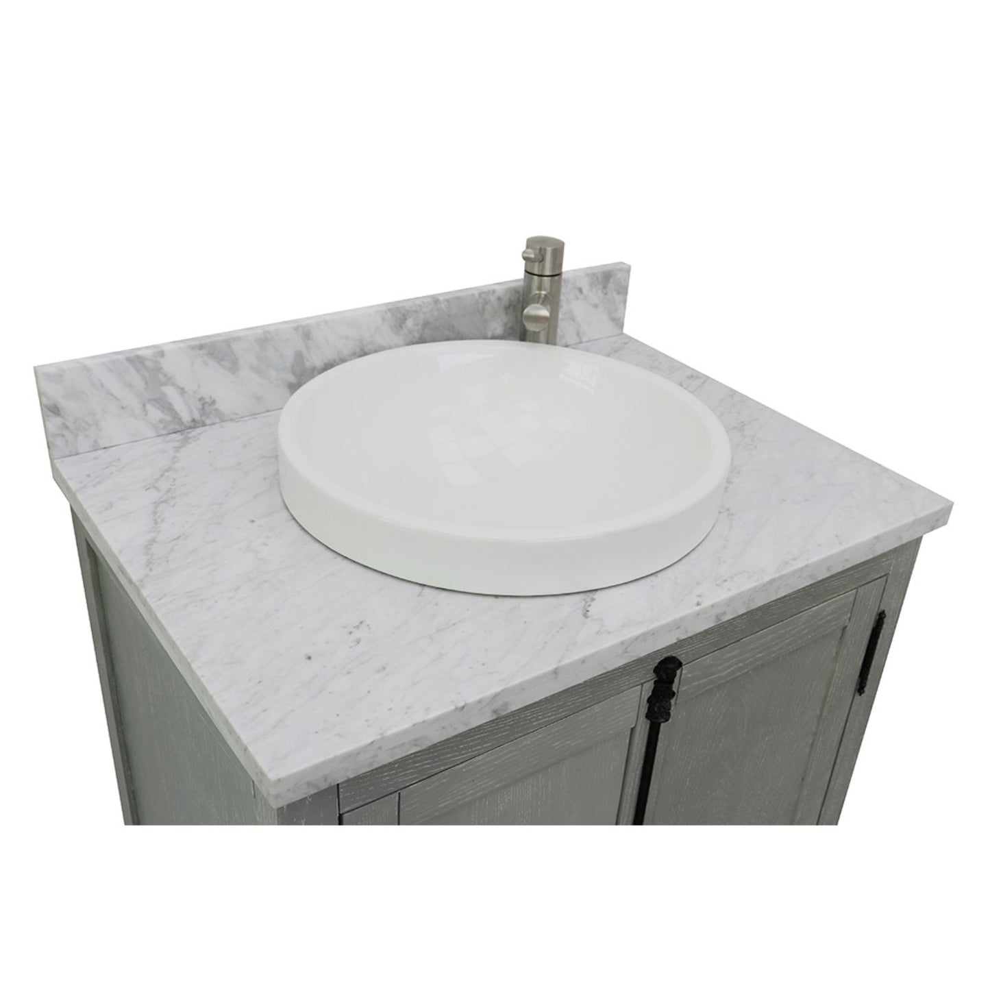 31" Single vanity in Gray Ash finish with White Carrara top and round sink