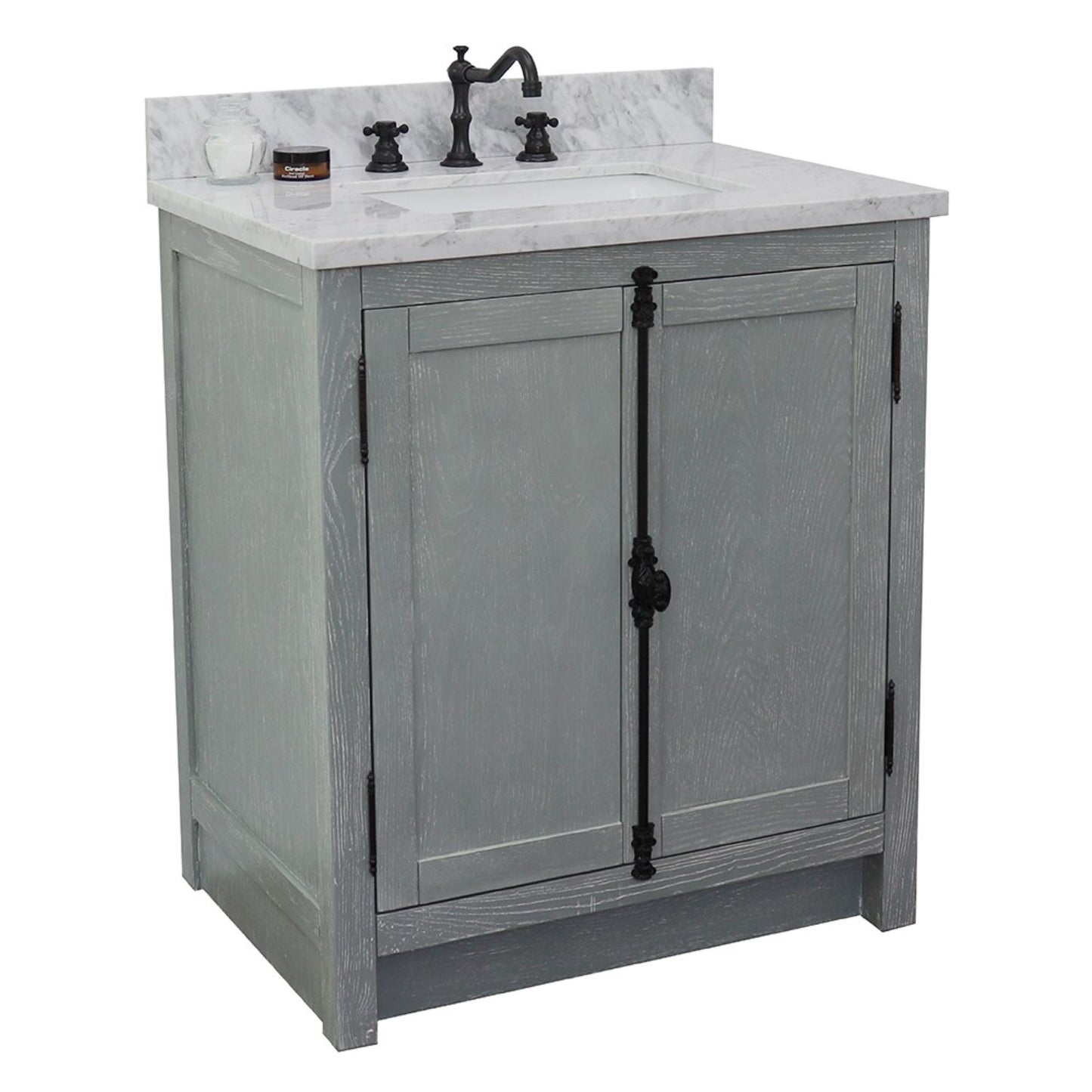 31" Single vanity in Gray Ash finish with White Carrara top and rectangle sink