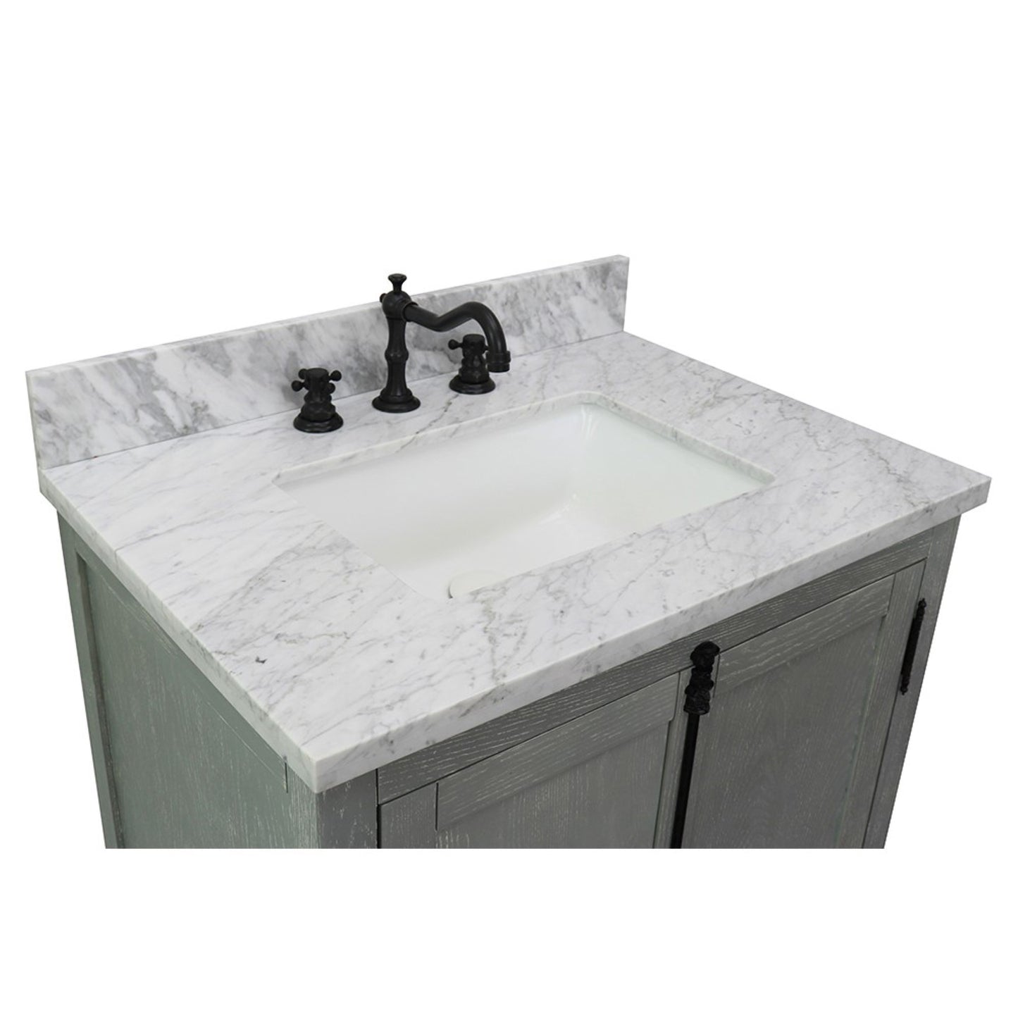 31" Single vanity in Gray Ash finish with White Carrara top and rectangle sink