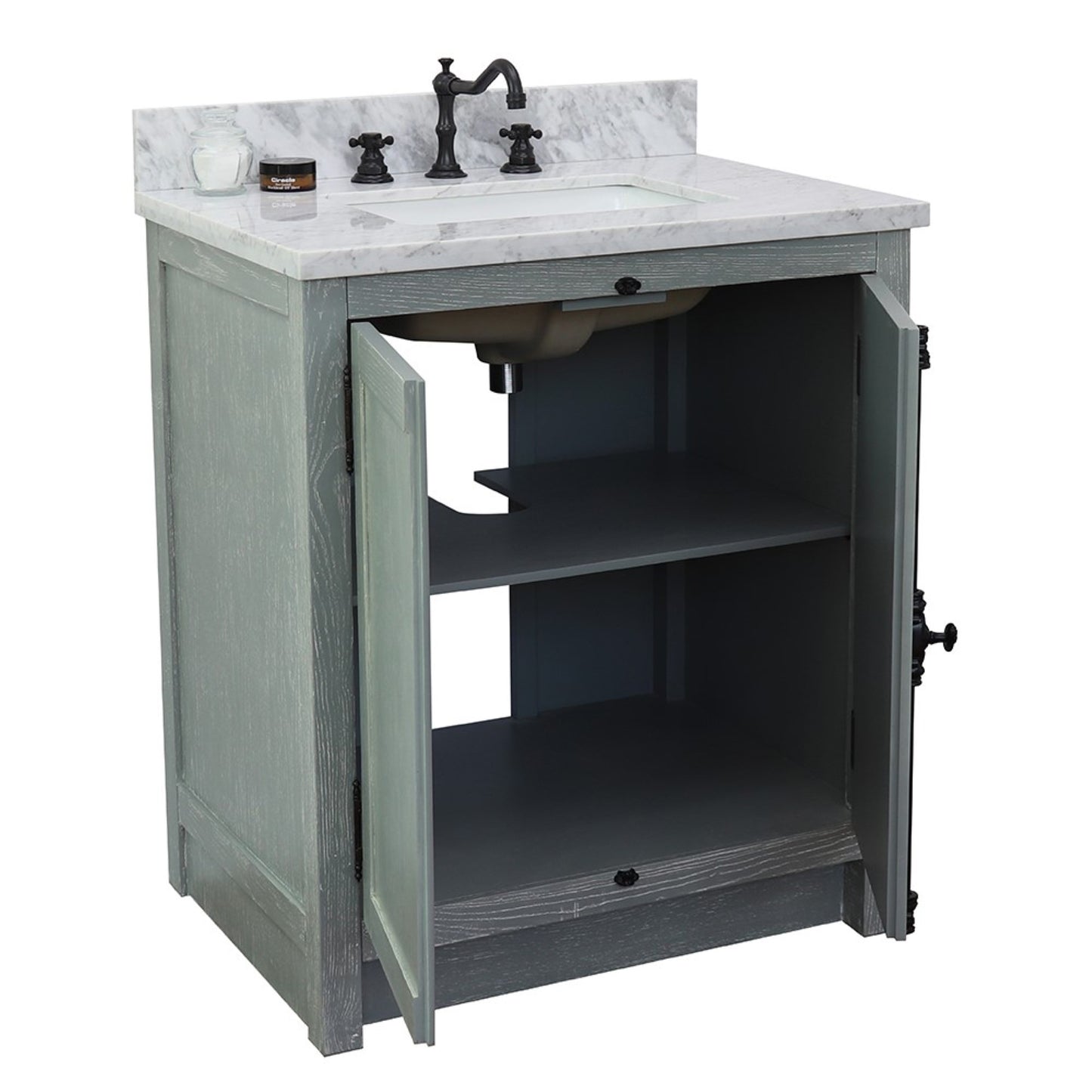 31" Single vanity in Gray Ash finish with White Carrara top and rectangle sink