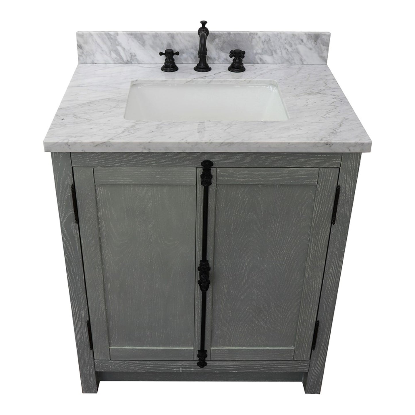 31" Single vanity in Gray Ash finish with White Carrara top and rectangle sink
