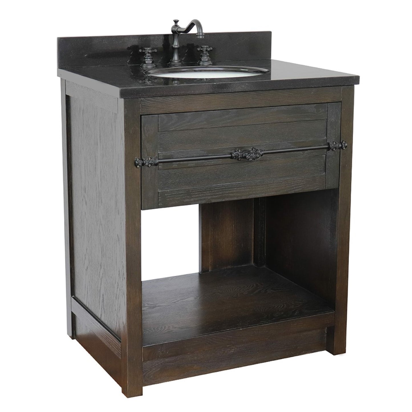 31" Single vanity in Brown Ash finish with Black Galaxy top and oval sink