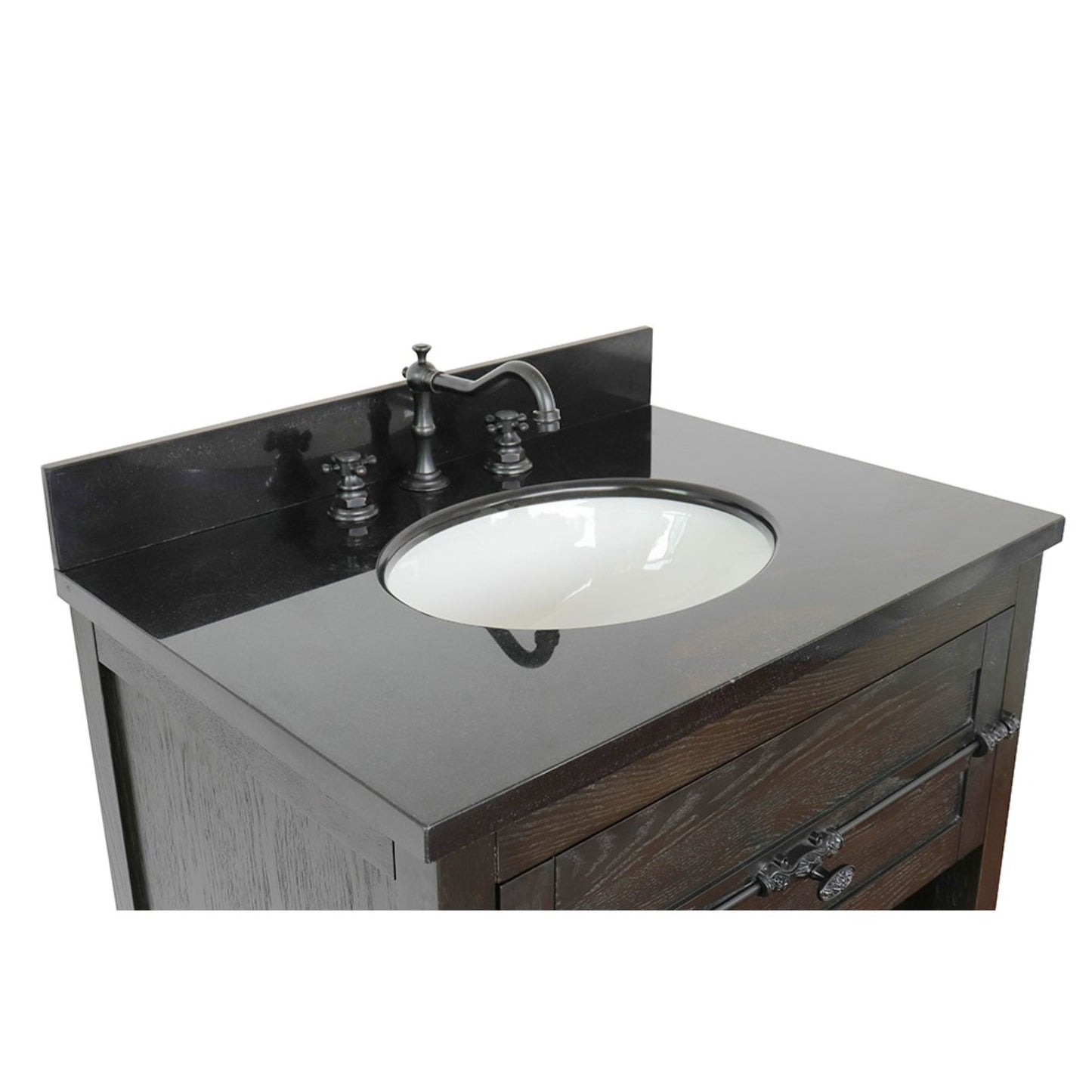 31" Single vanity in Brown Ash finish with Black Galaxy top and oval sink