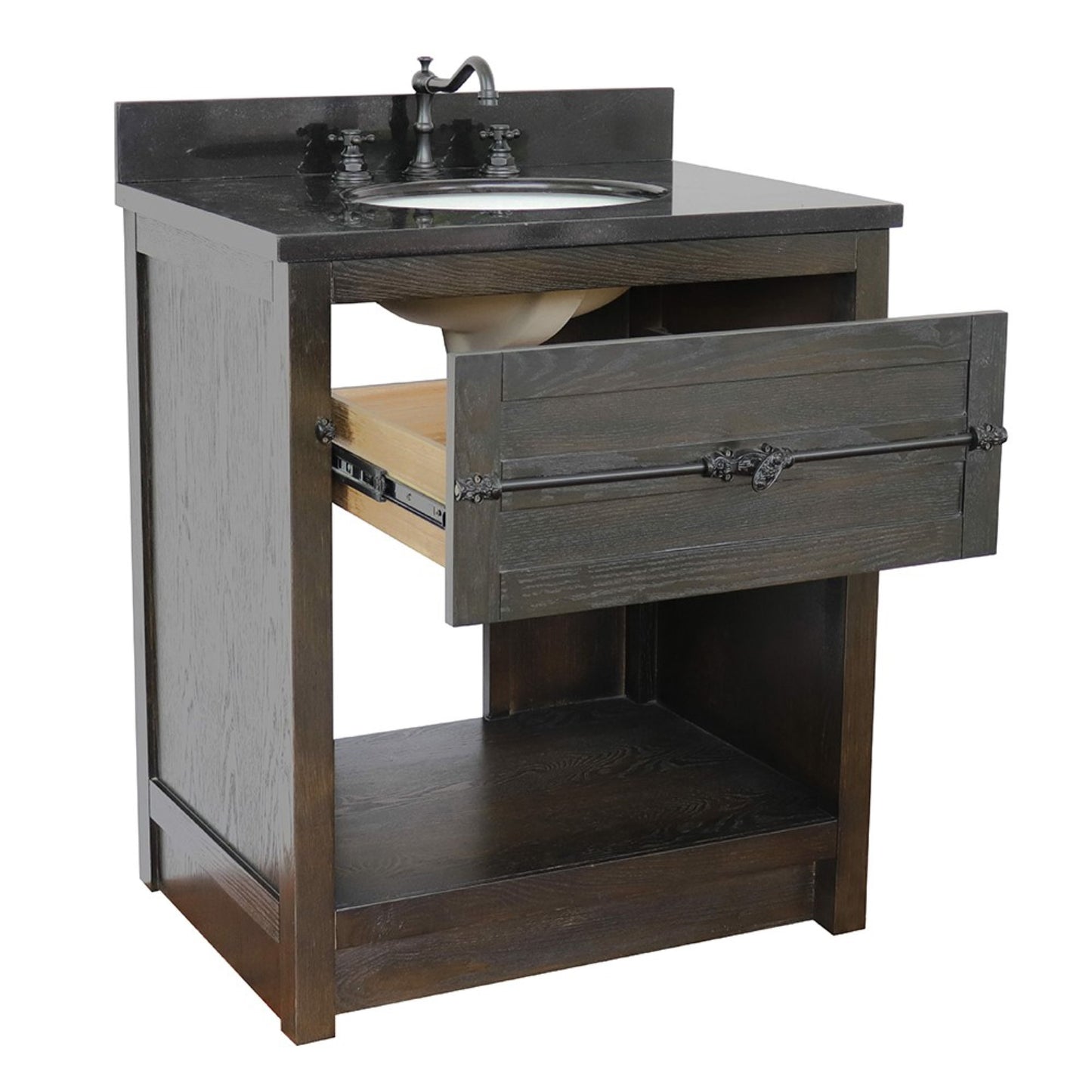 31" Single vanity in Brown Ash finish with Black Galaxy top and oval sink