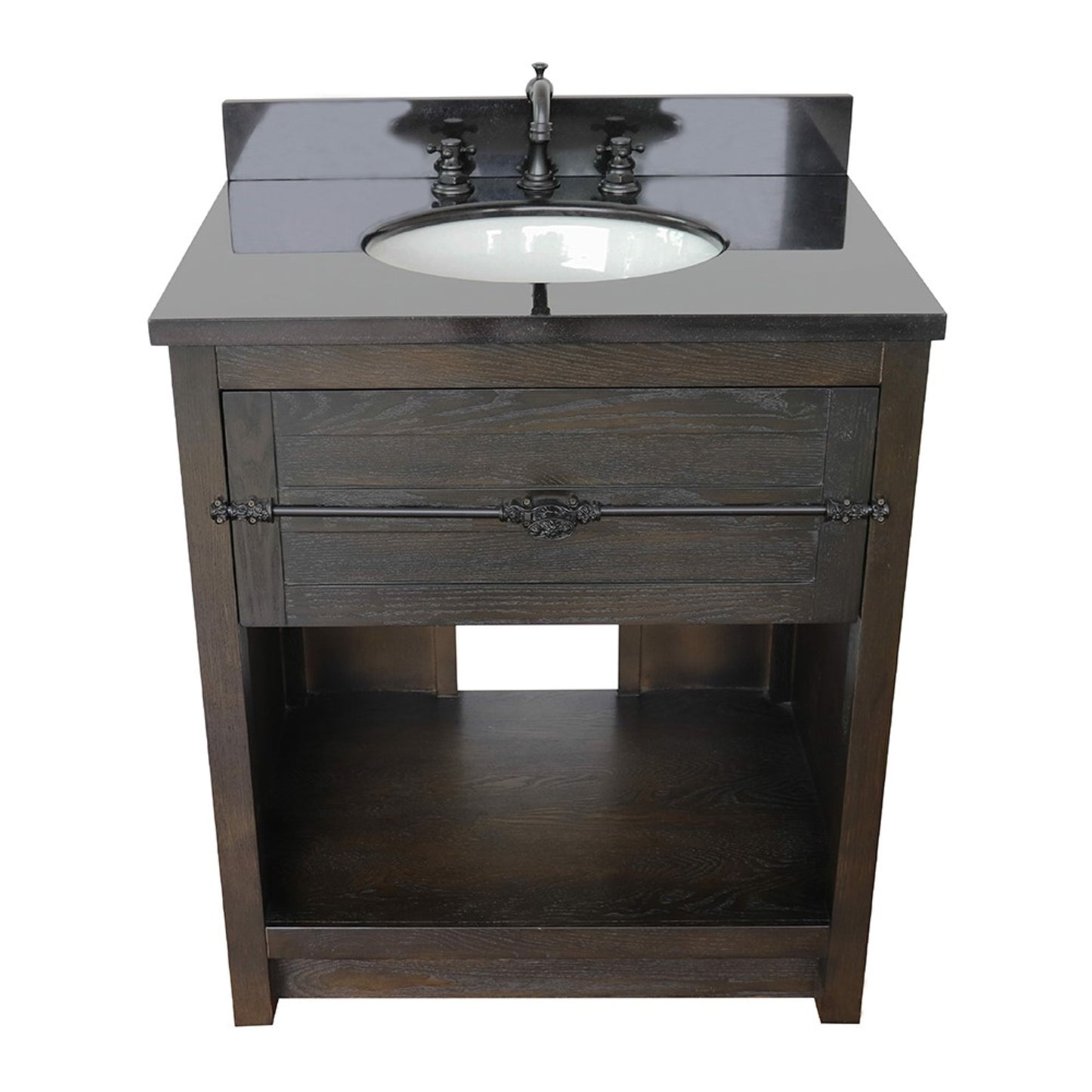 31" Single vanity in Brown Ash finish with Black Galaxy top and oval sink
