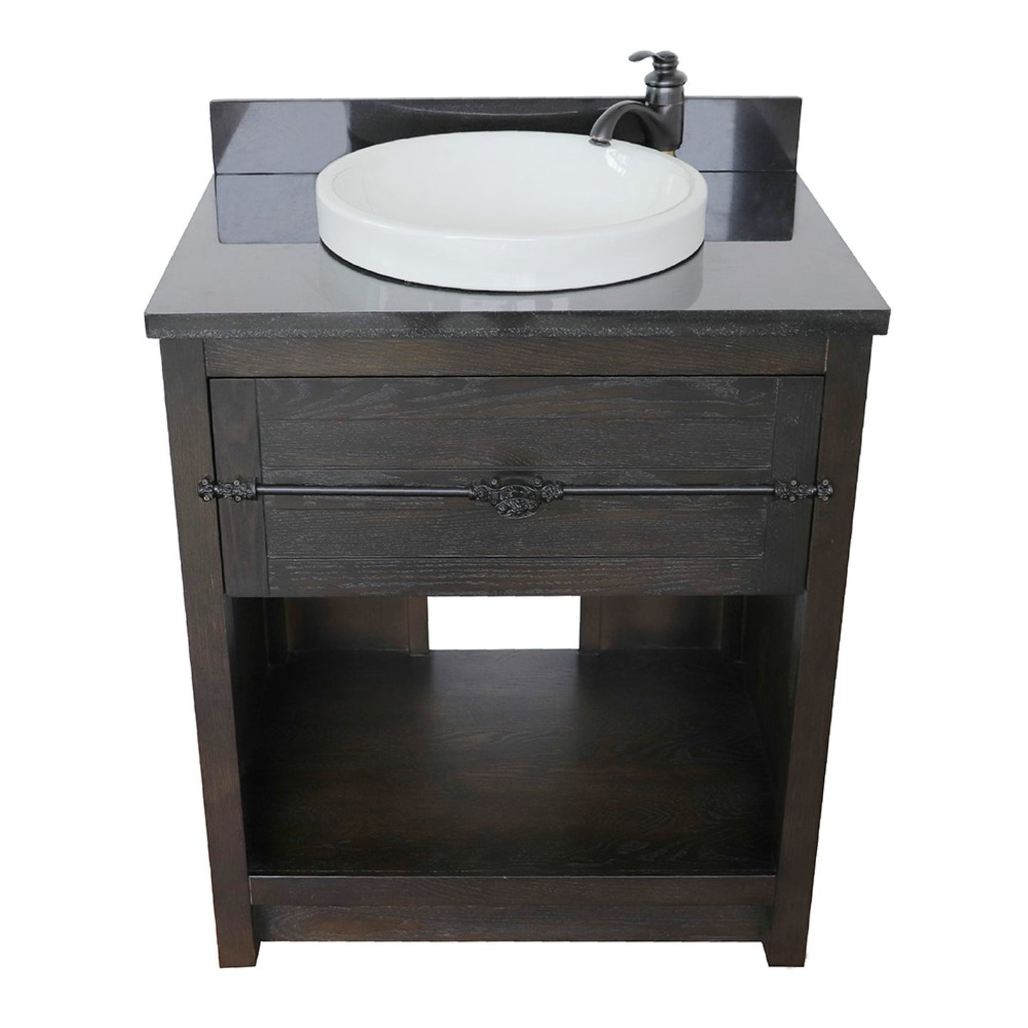 31" Single vanity in Brown Ash finish with Black Galaxy top and round sink