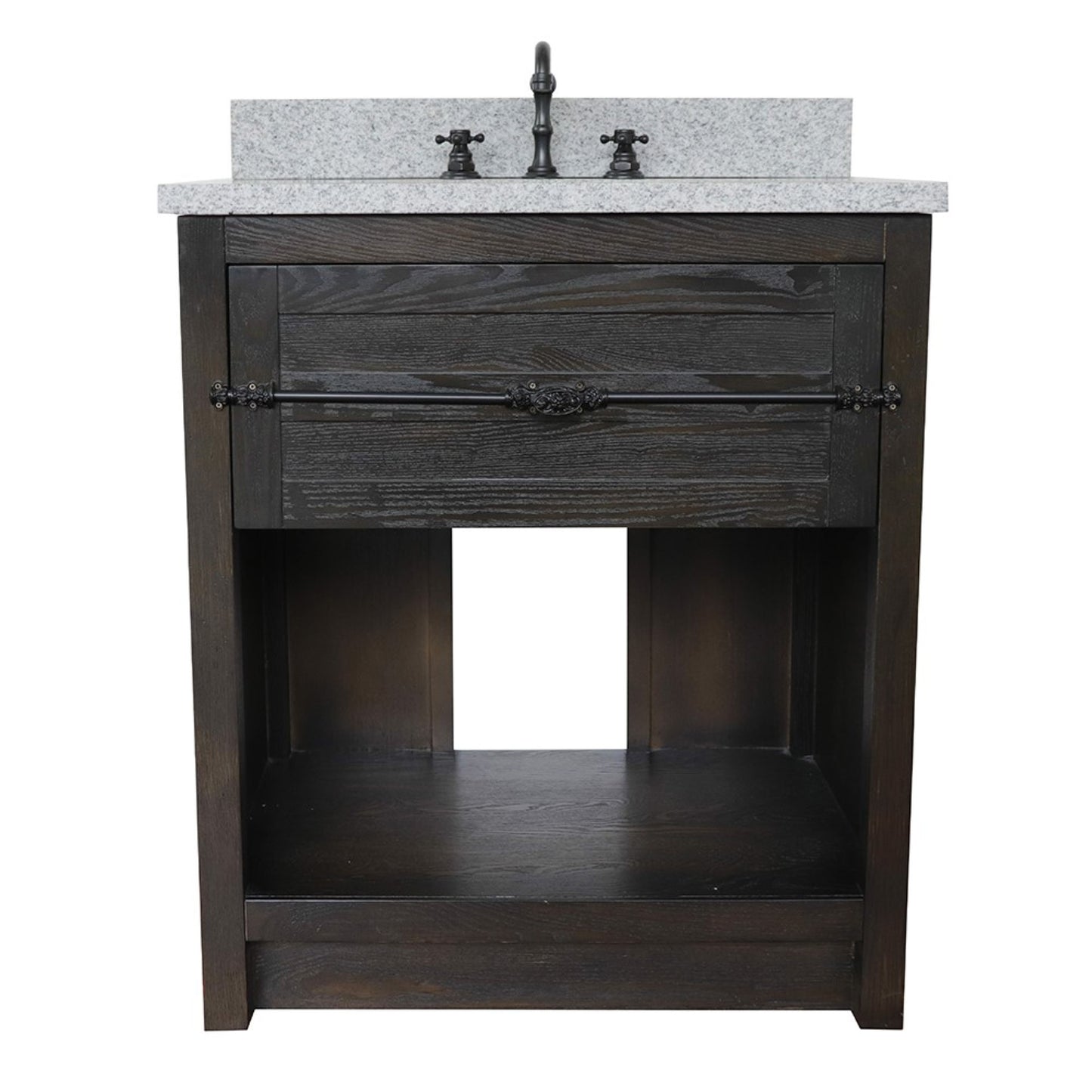 31" Single vanity in Brown Ash finish with Gray granite top and oval sink