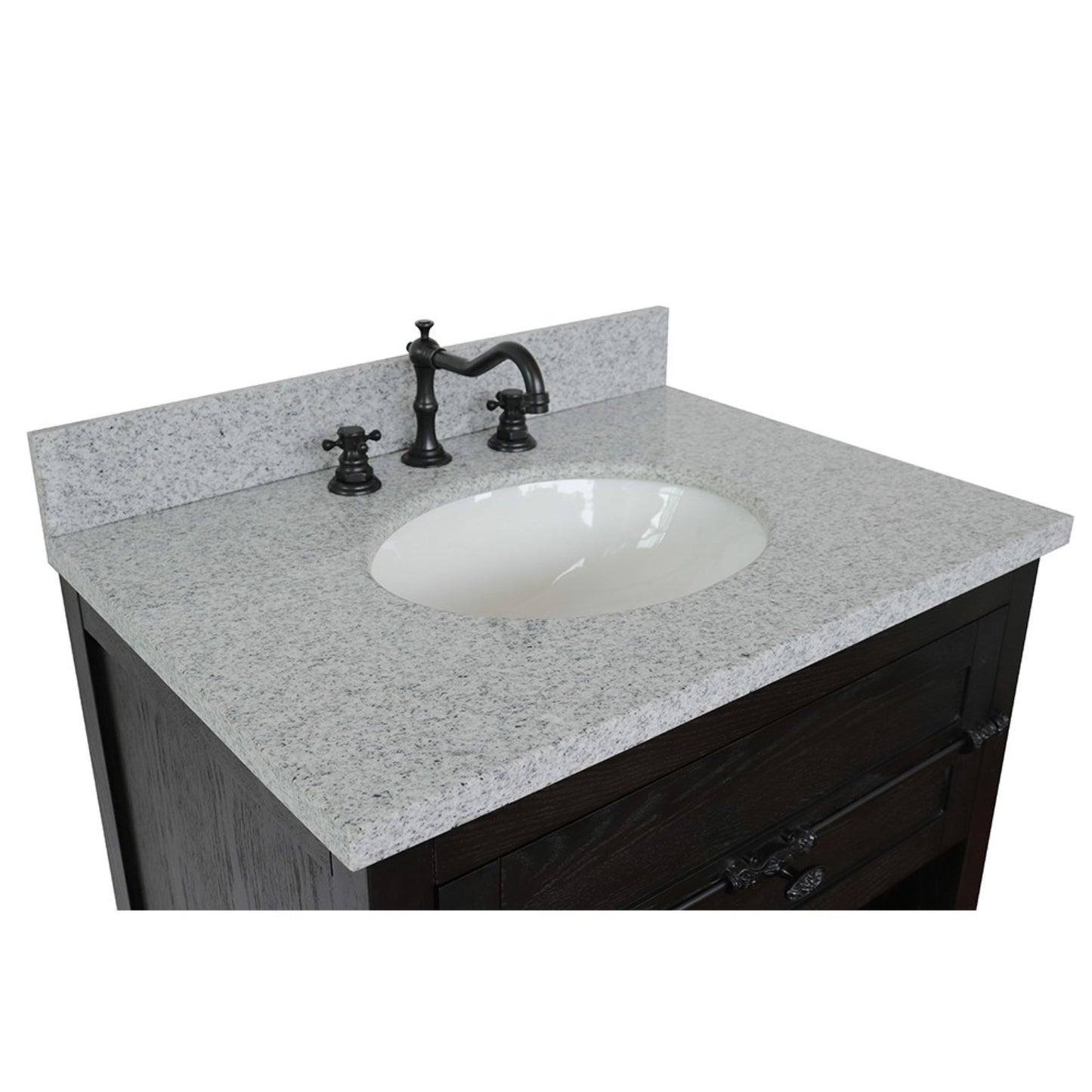 31" Single vanity in Brown Ash finish with Gray granite top and oval sink