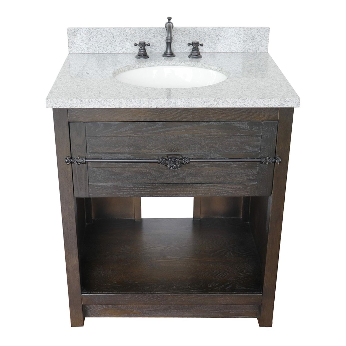 31" Single vanity in Brown Ash finish with Gray granite top and oval sink