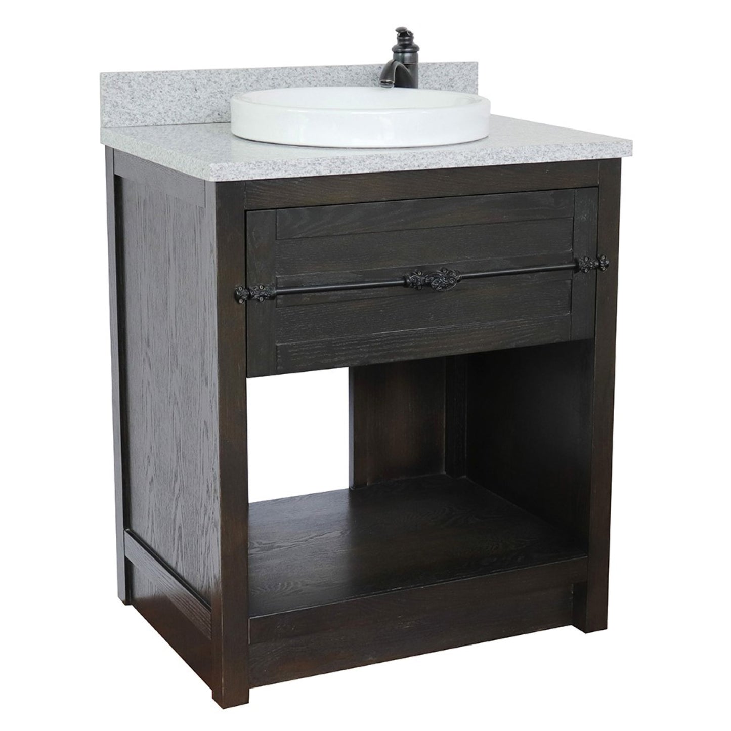31" Single vanity in Brown Ash finish with Gray granite top and round sink