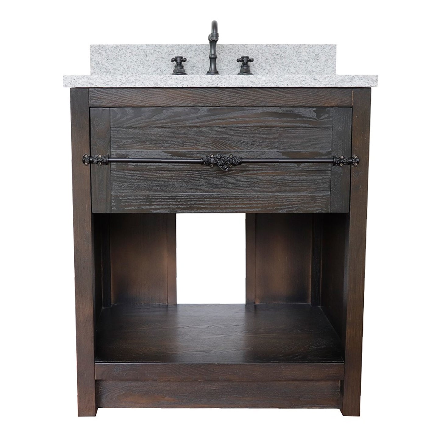 31" Single vanity in Brown Ash finish with Gray granite top and rectangle sink