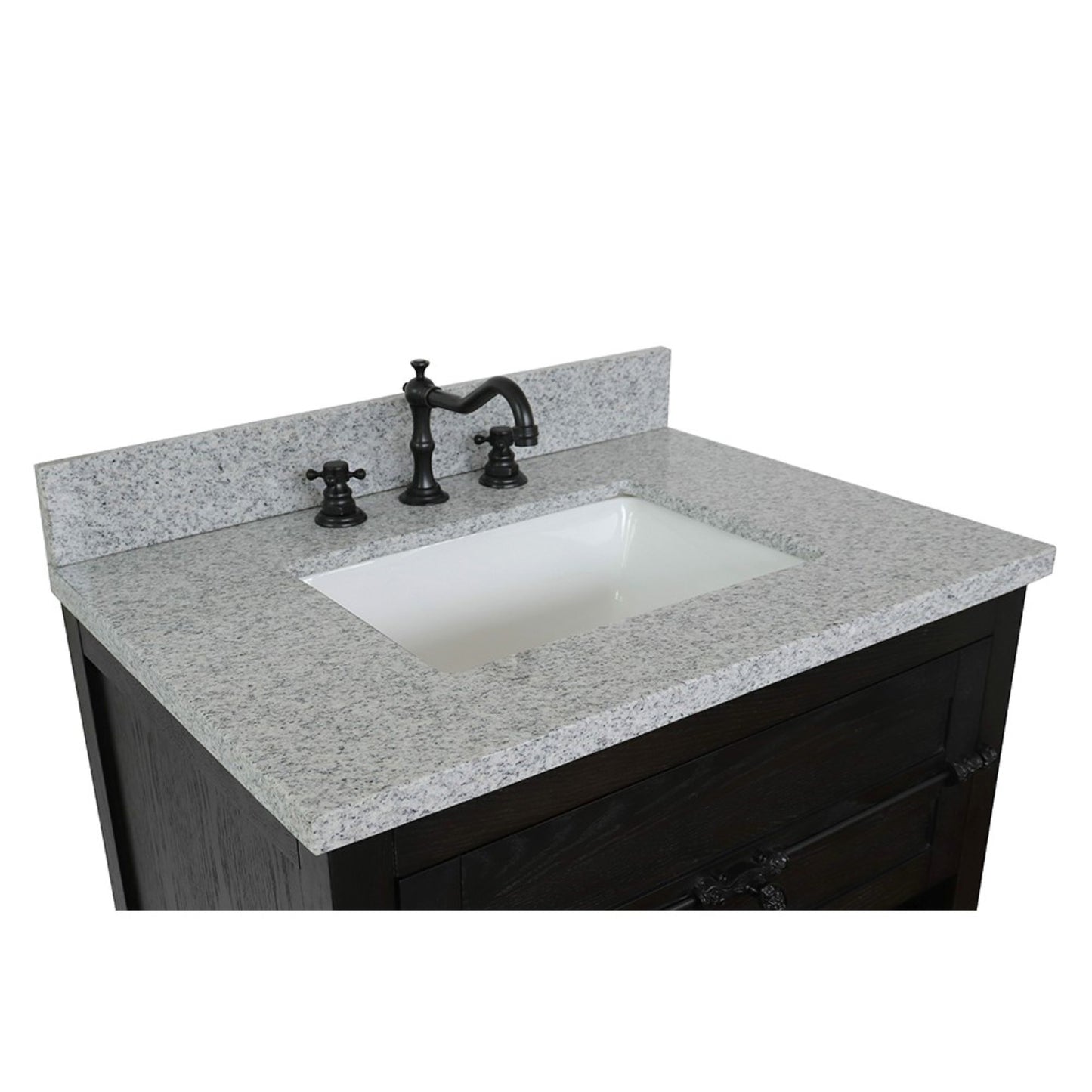 31" Single vanity in Brown Ash finish with Gray granite top and rectangle sink
