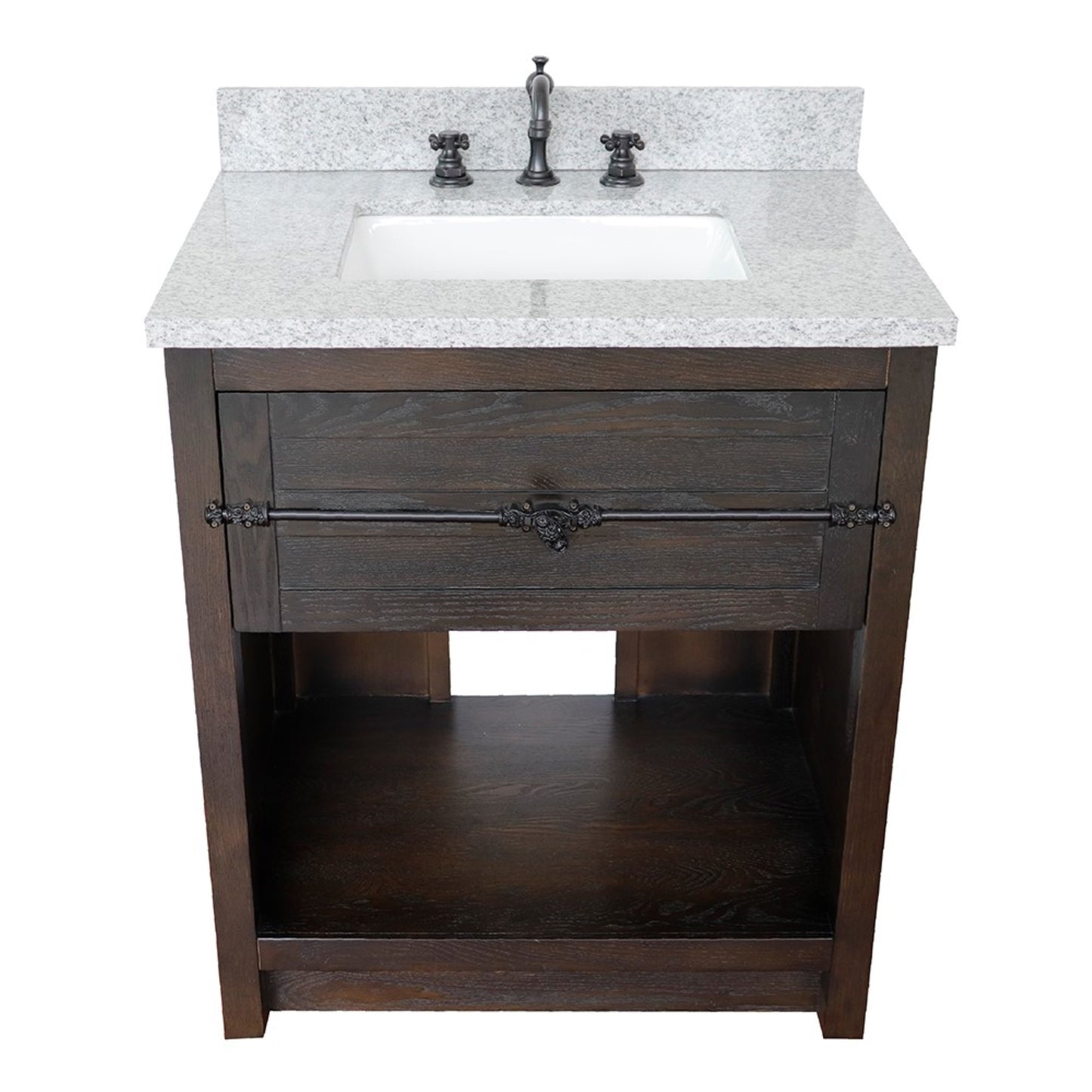 31" Single vanity in Brown Ash finish with Gray granite top and rectangle sink