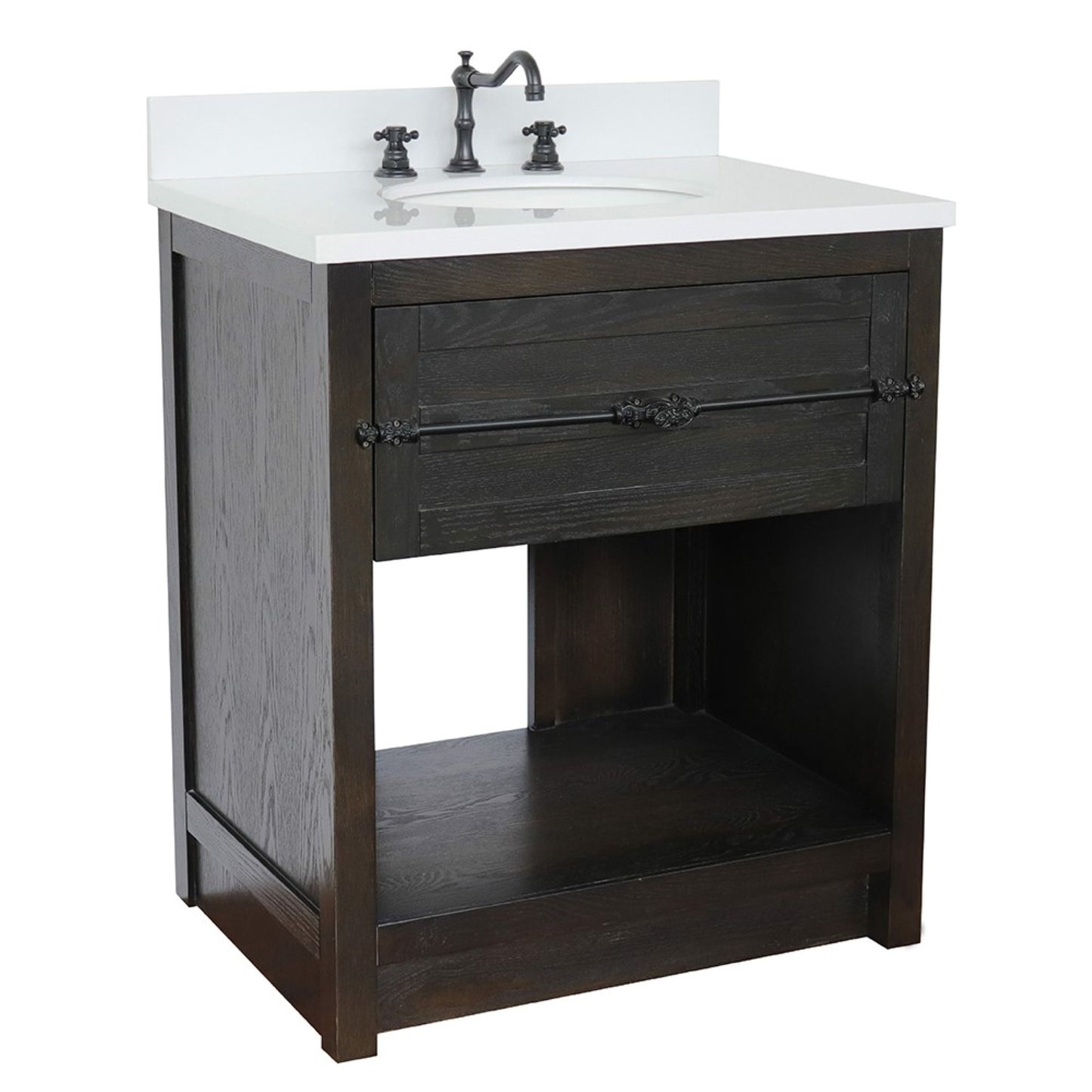 31" Single vanity in Brown Ash finish with White engineered stone top and oval sink