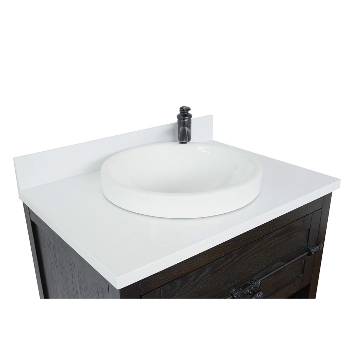 31" Single vanity in Brown Ash finish with White engineered stone top and round sink