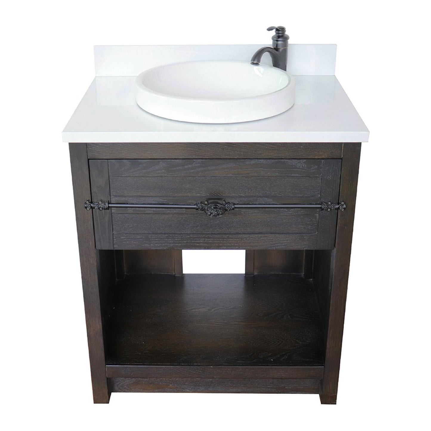 31" Single vanity in Brown Ash finish with White engineered stone top and round sink