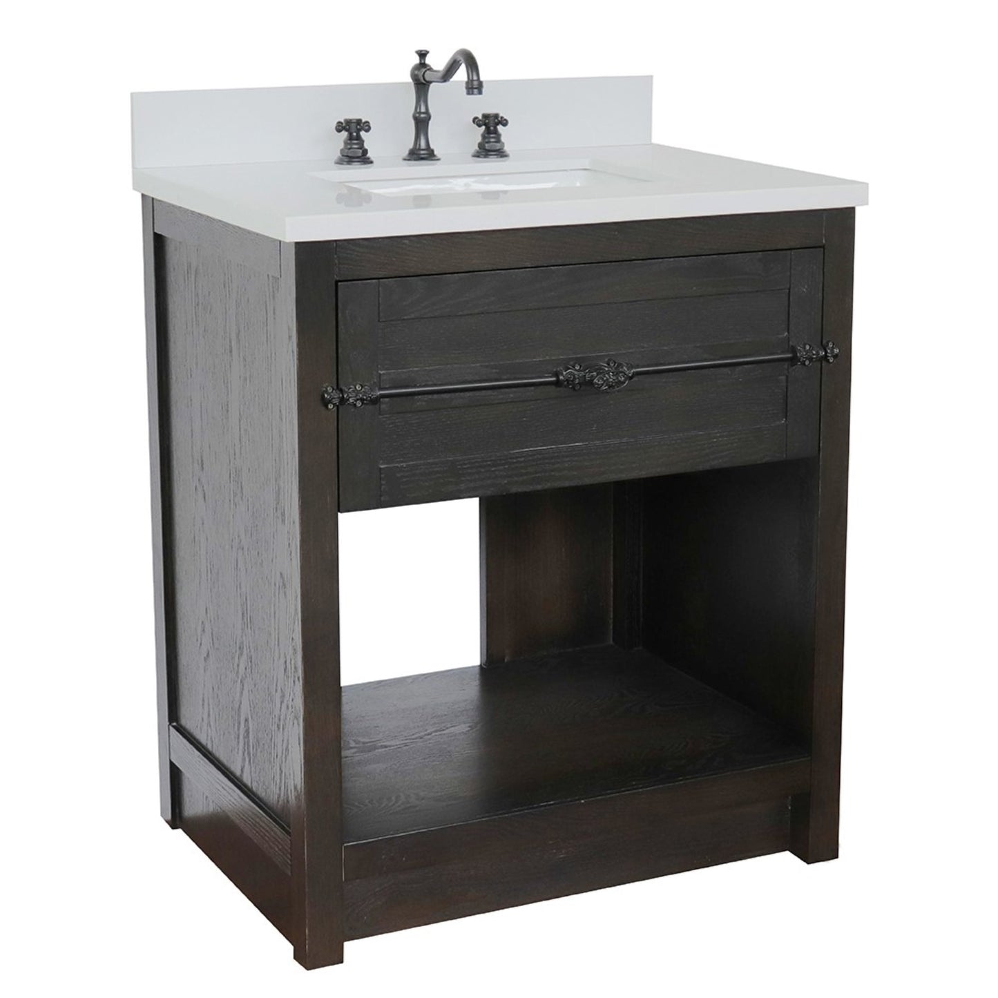 31" Single vanity in Brown Ash finish with White engineered stone top and rectangle sink