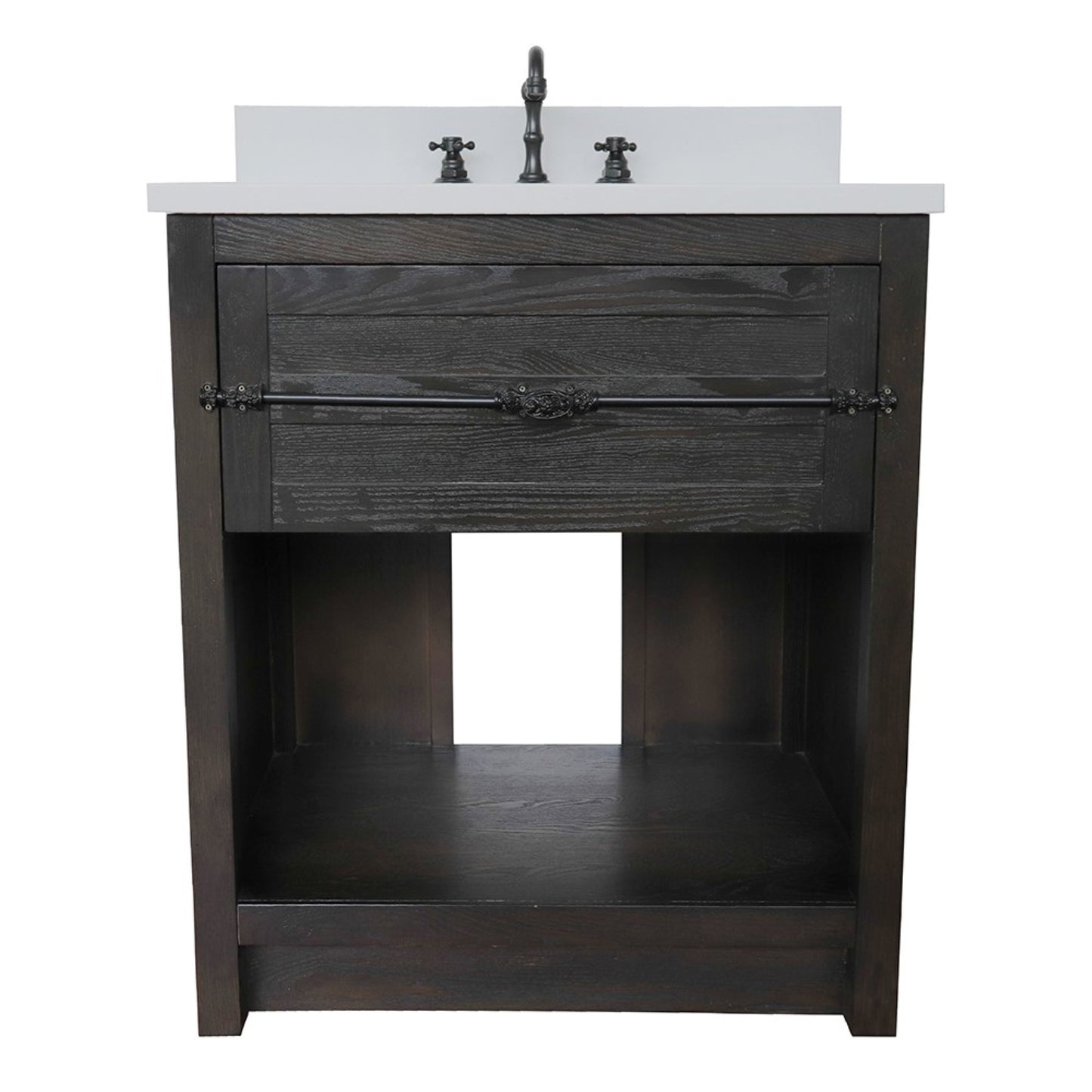 31" Single vanity in Brown Ash finish with White engineered stone top and rectangle sink