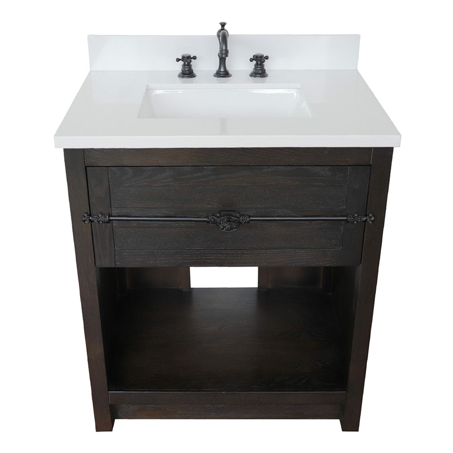 31" Single vanity in Brown Ash finish with White engineered stone top and rectangle sink
