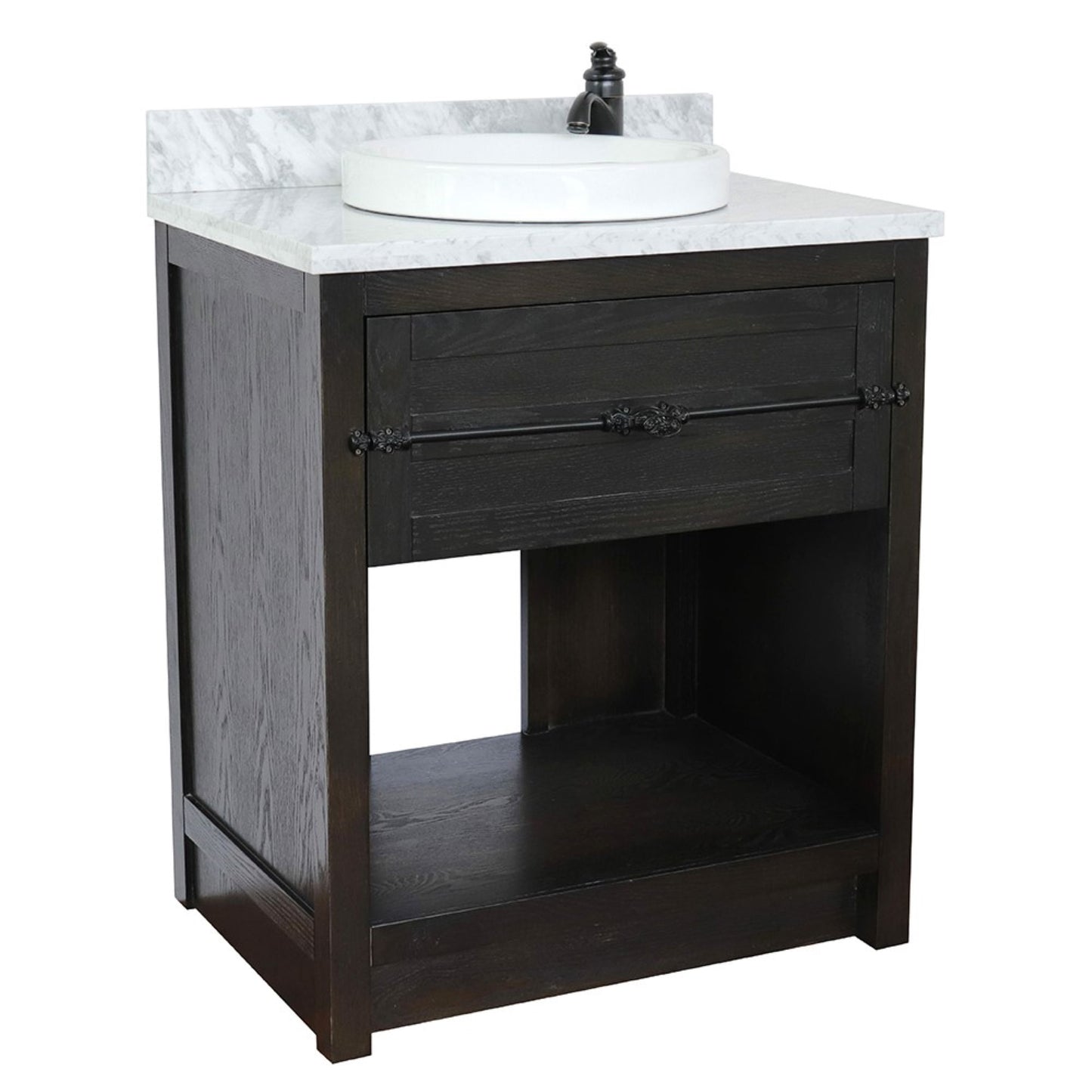 31" Single vanity in Brown Ash finish with White Carrara top and round sink
