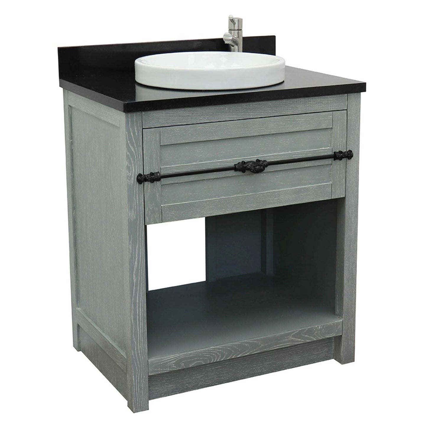 31" Single vanity in Gray Ash finish with Black Galaxy top and round sink