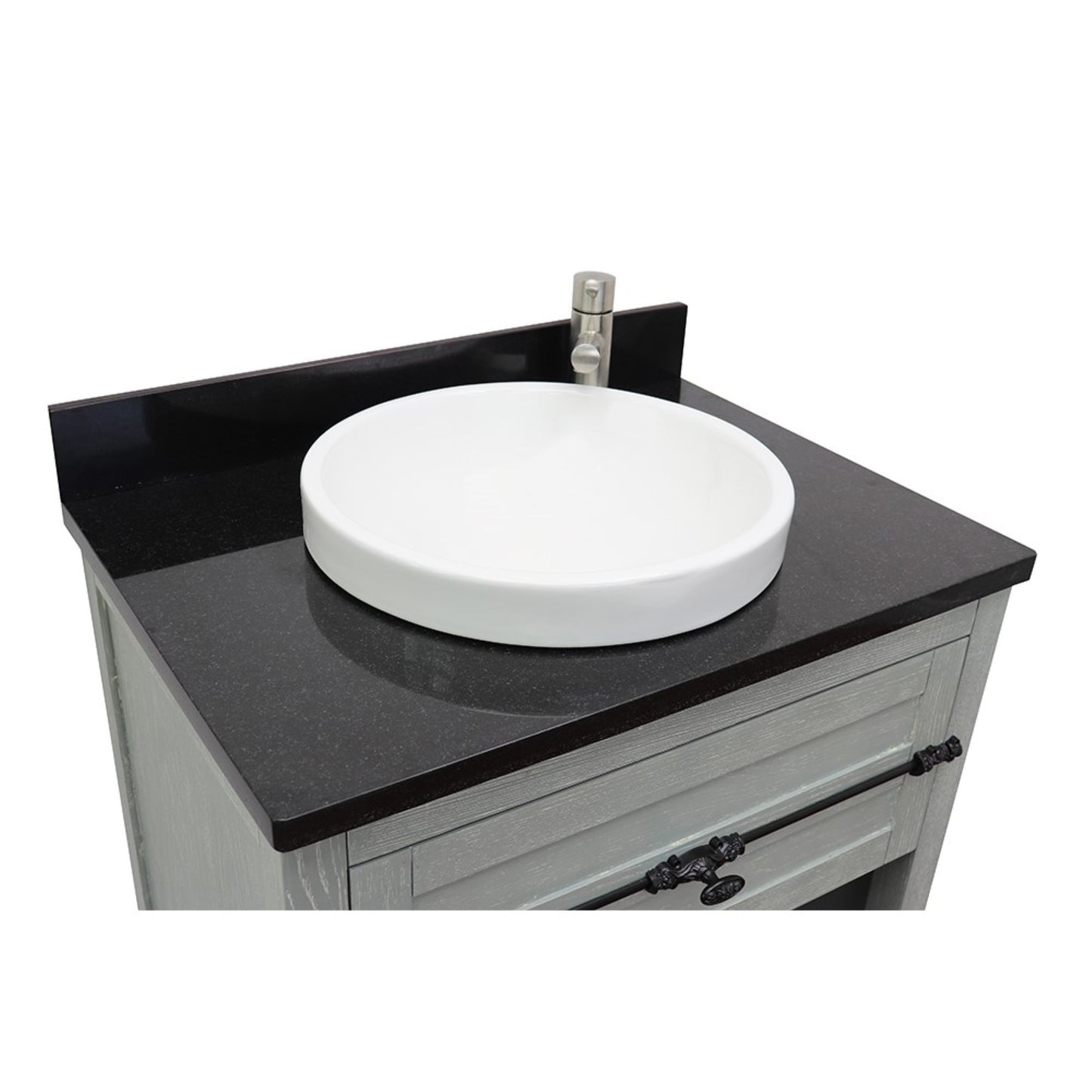 31" Single vanity in Gray Ash finish with Black Galaxy top and round sink
